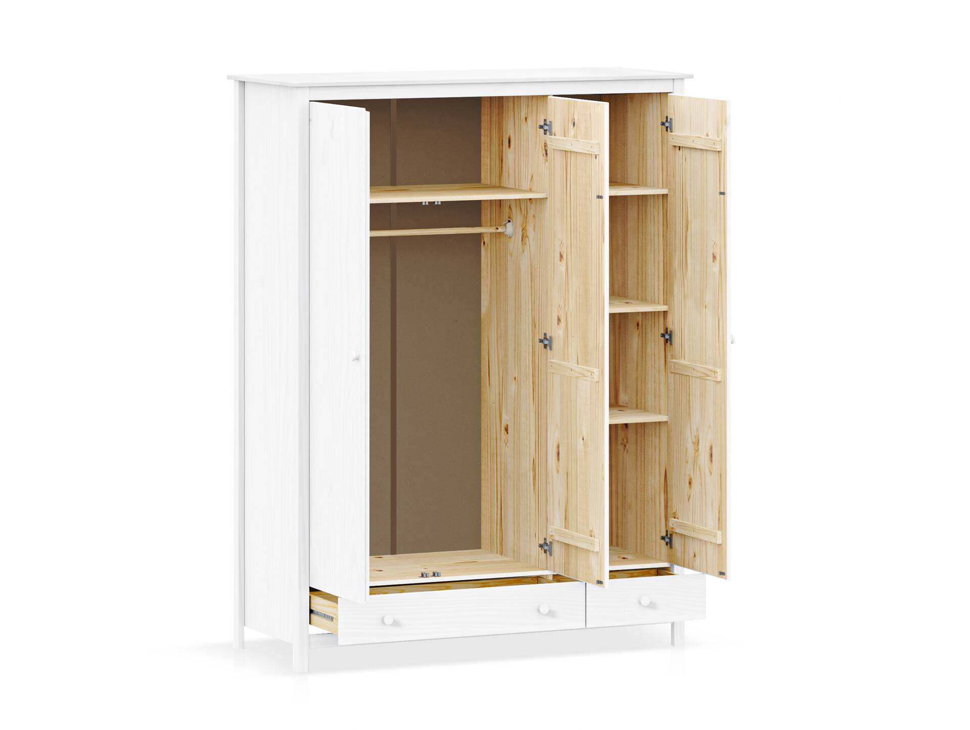 TOBINO Kleiderschrank 3trg, Material Massivholz, Kiefer Kiefer weiss | Holz