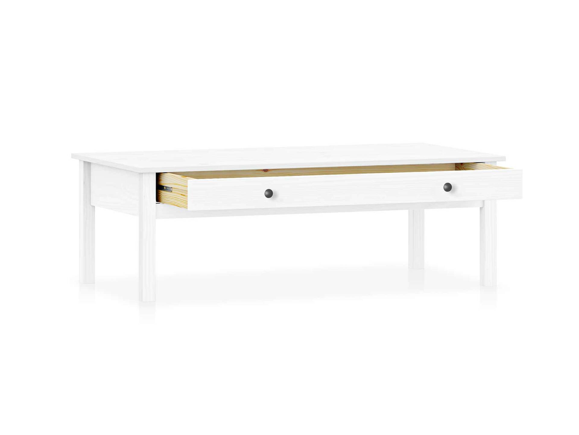 TOBINO Couchtisch mit Schublade,Material Massivholz, Kiefer Kiefer weiss | Metall