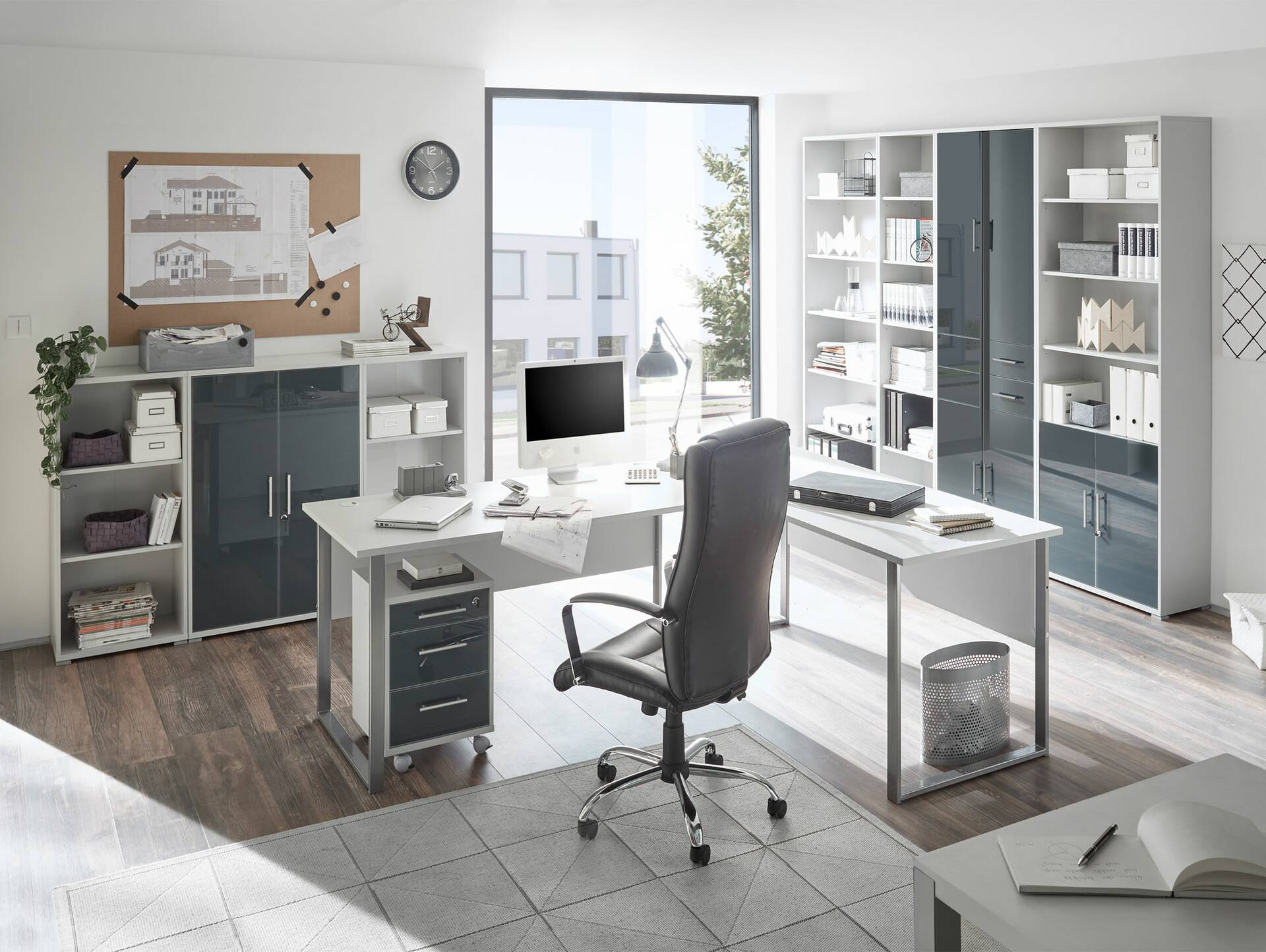OFFICE DELUXE Büroschrank niedrig, Material Dekorspanplatte/Glas, grau/graphit lackiert 