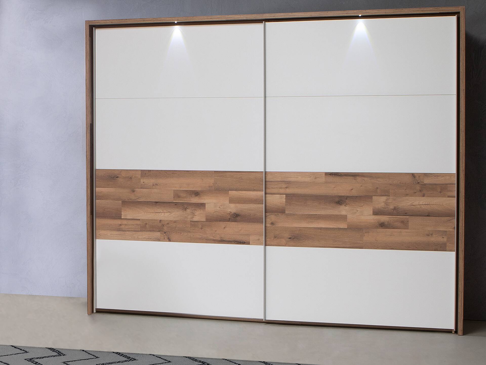MEDUNA Schwebetürenschrank, Breite 270 cm, Material Dekorspanplatte, eichefarbig/weiss 