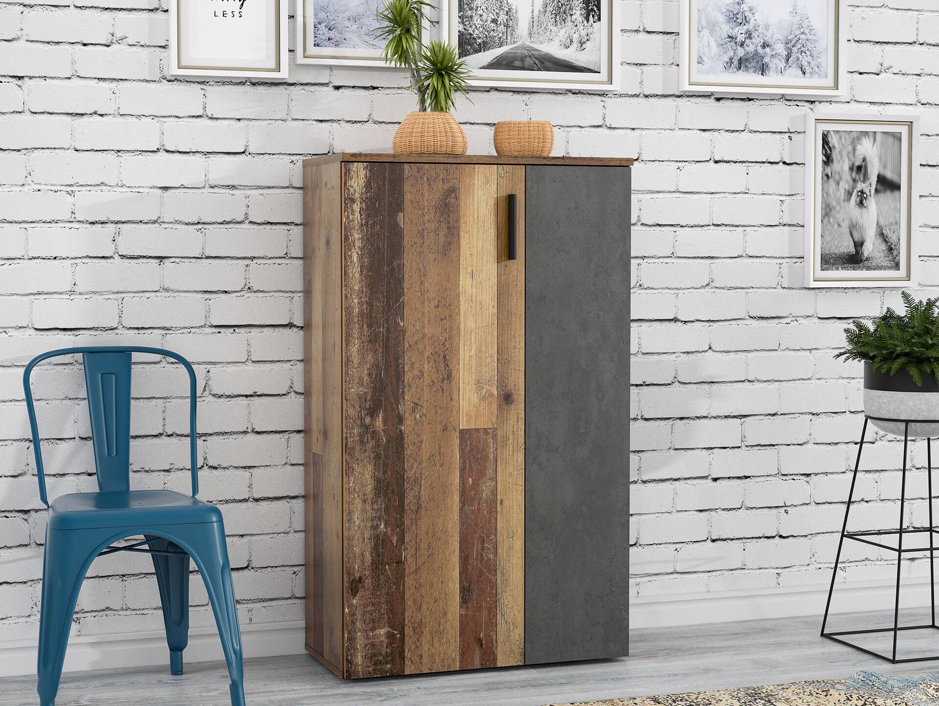 BARNA Schuhschrank, Material Dekorspanplatte Old Wood Vintage/betonfarbig