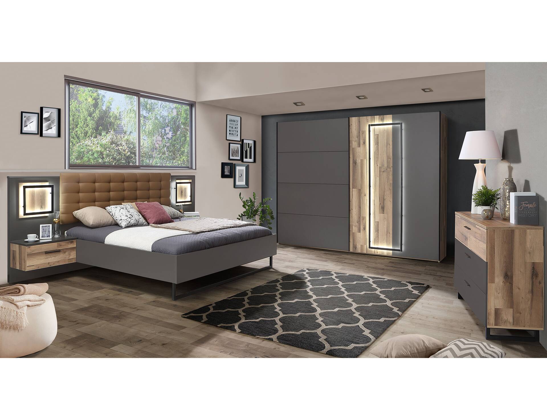 SESTRA Komplett-Schlafzimmer, Material Dekorspanplatte, stabeichefarbig/grau 