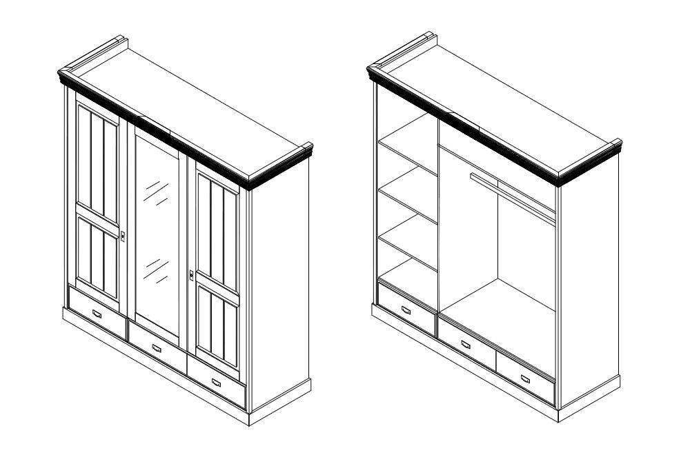ROMAN Kleiderschrank / Drehtürenschrank, Material Massivholz, Kiefer 3-türig | weiss/colonial