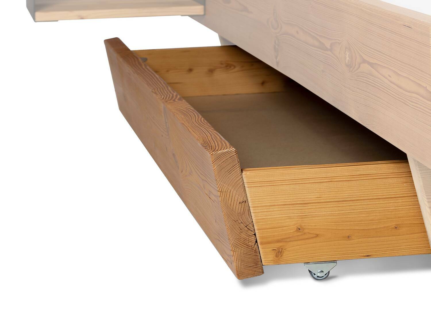 CURBY Bettschublade auf Rollen für Balken-Wangenbett Überlänge, schräg | Material Massivholz, Thermo-Fichte, NATUR 