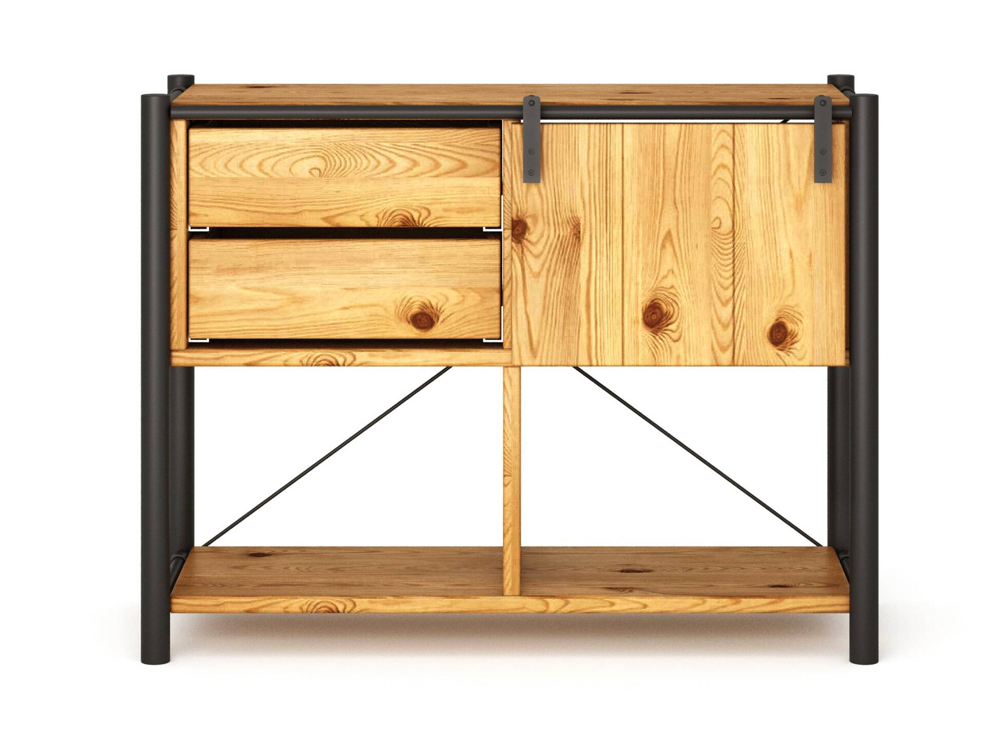 LIVERPOOL 3er Regal-Kombi, Sideboard aus Massivholz Thermo-Fichte, Metall schwarz Natur