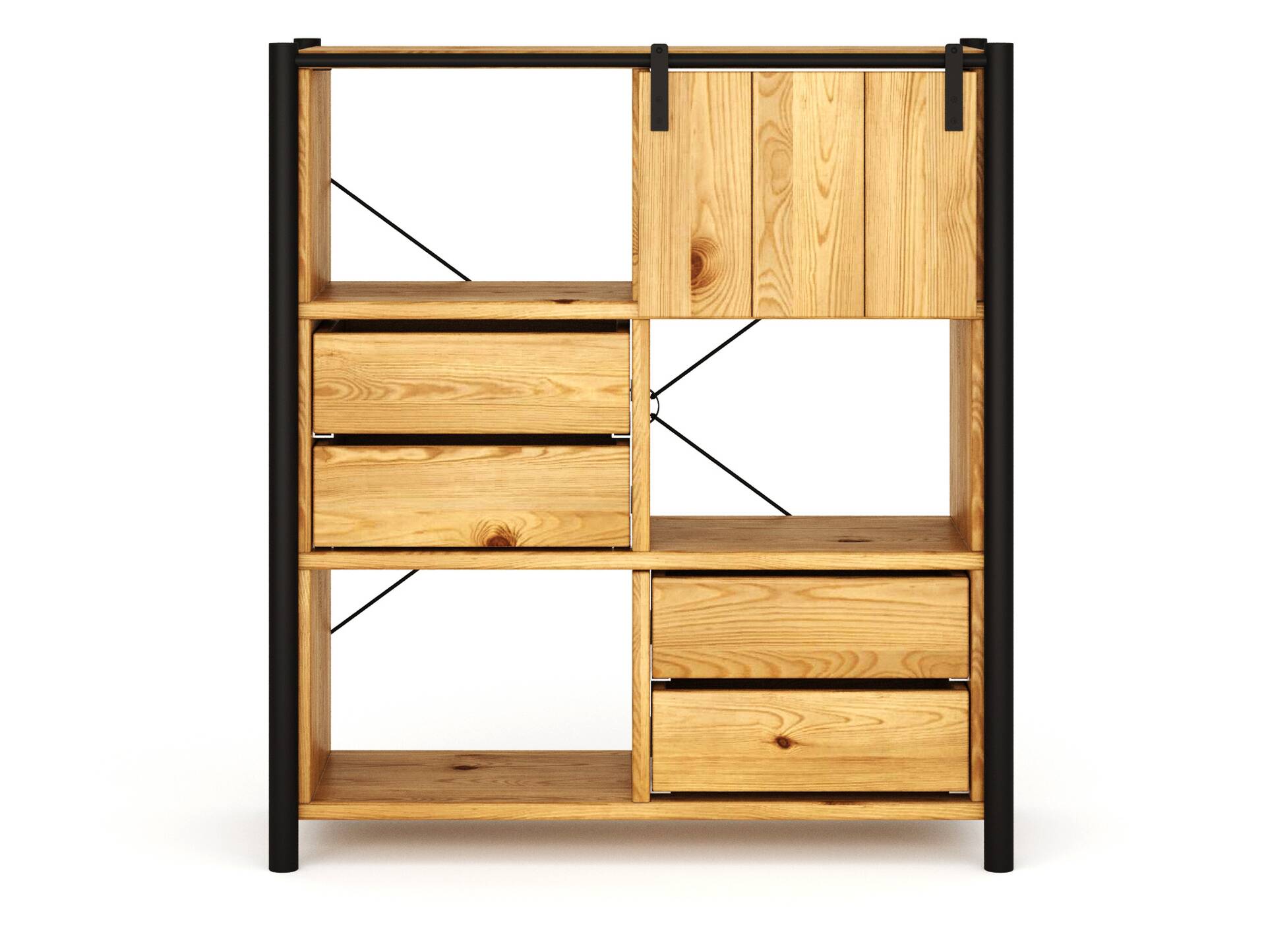 LIVERPOOL 4er Regal-Kombi II, Highboard II aus Massivholz, Thermo-Fichte, Metall schwarz Natur