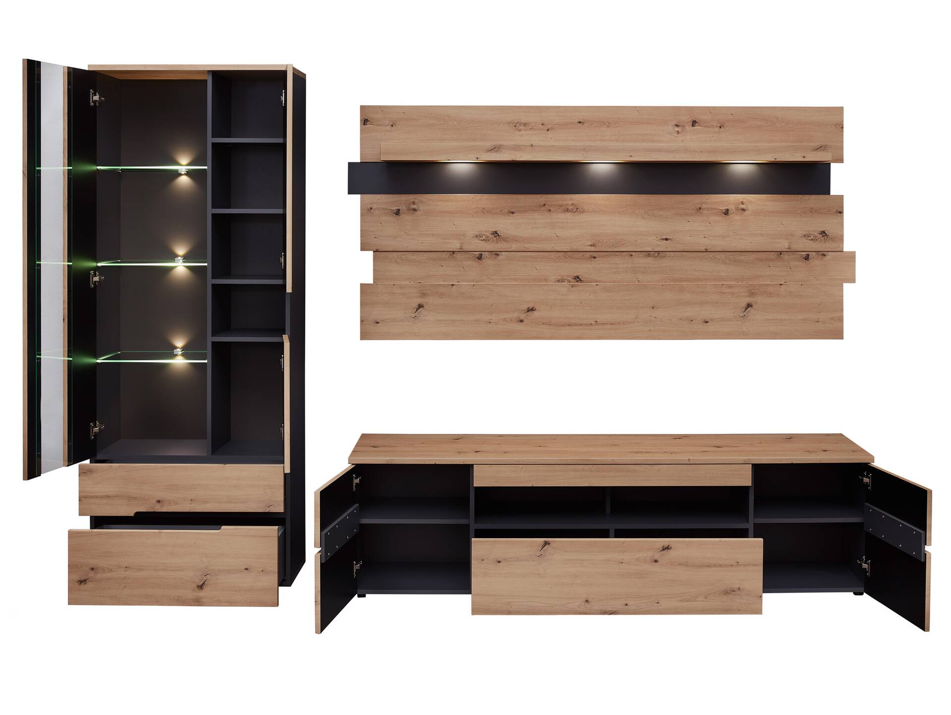 MAILAND Wohnwand, Material Dekorspanplatte Artisan Eichefarbig / Graphit