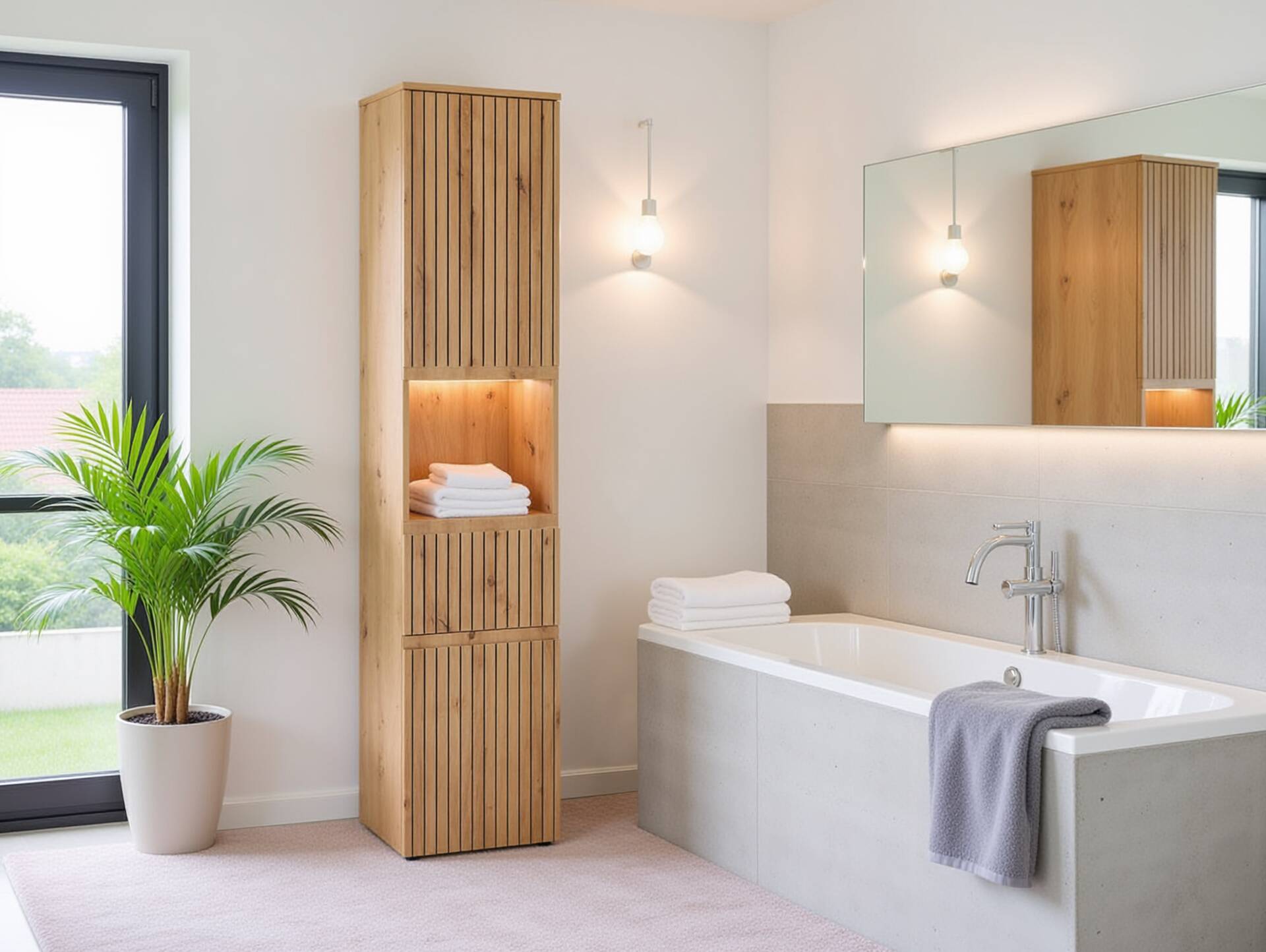 ASKINO Hochschrank fürs Badezimmer, Material Dekorspanplatte, Artisan Eiche Nachbildung 