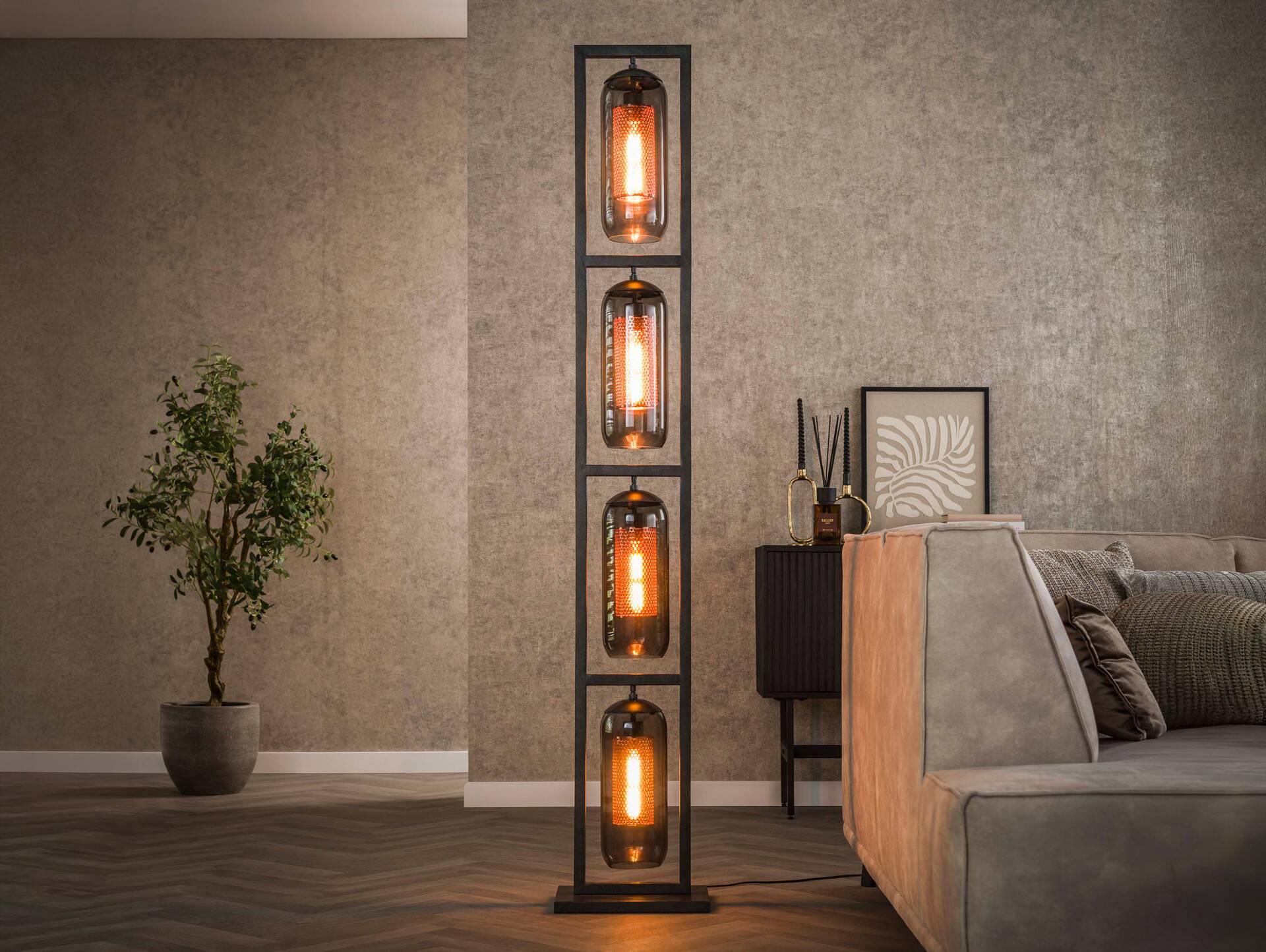 HAZIFA Stehlampe, 4-flammig, Material Glas, Rauchglas 
