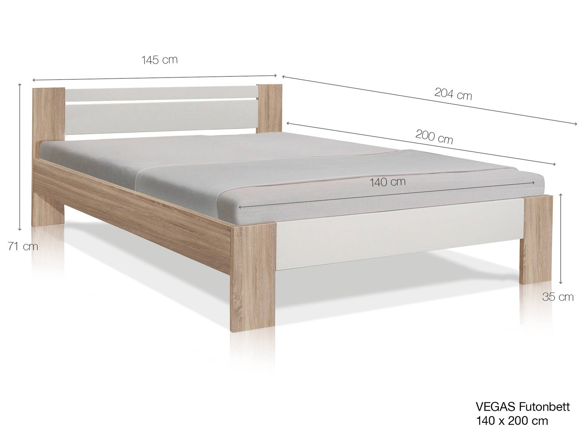 VEGAS Komplett-Set Futonbett 140x200 cm inkl. Rollrost und Matratze, Material Dekorspanplatte, Eiche sonomafarbig/weiss 