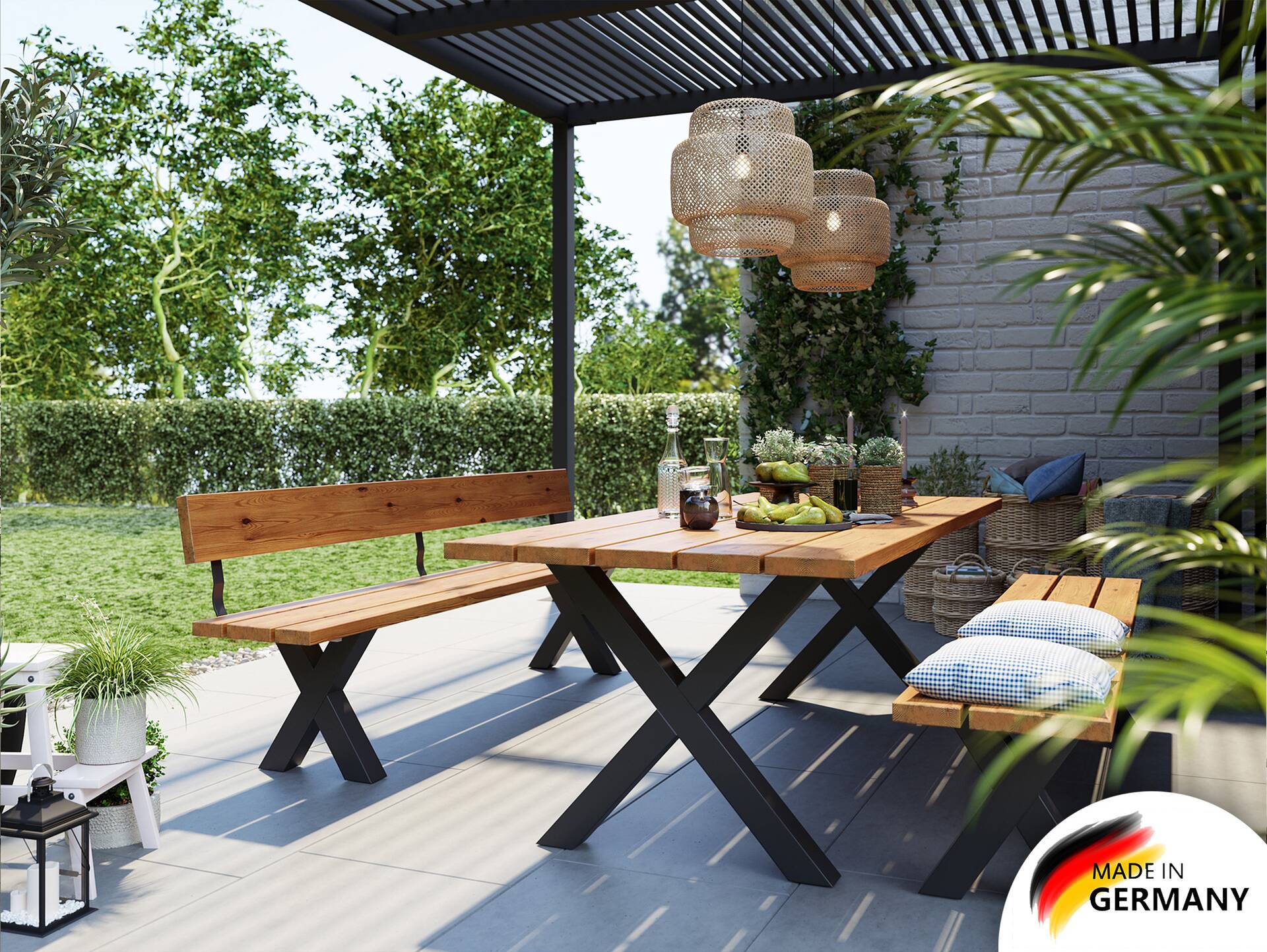 KENTUCKY Gartengarnitur mit X-Beinen, Altholzoptik, Material Massivholz, THERMO-Fichte gebürstet/lasiert 160 cm | ohne Rückenlehne | natur