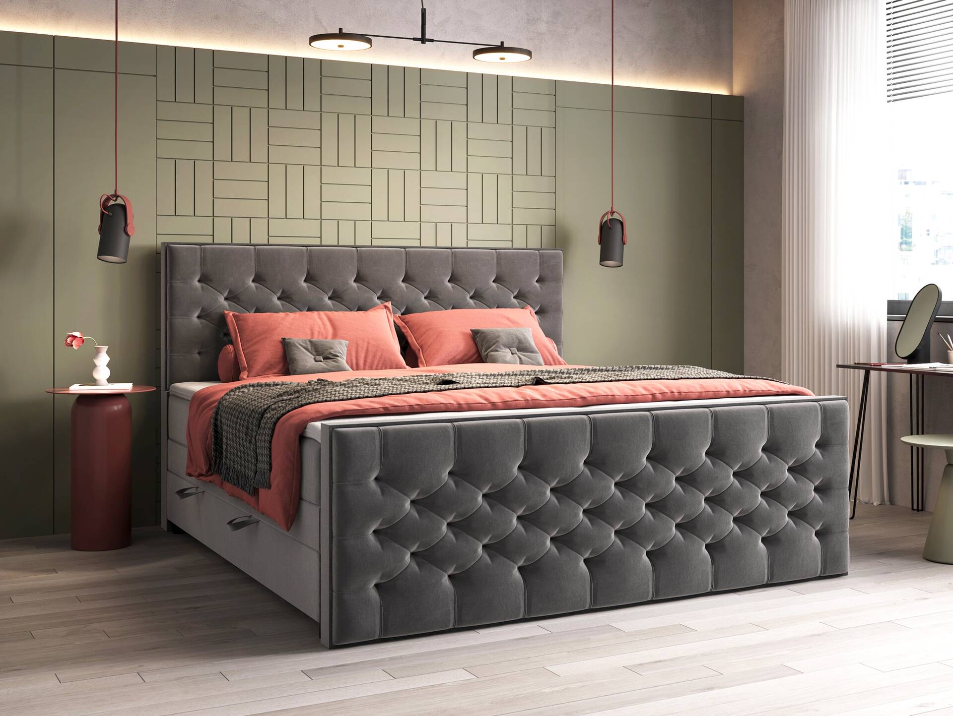 LINCOLN Boxspringbett mit Bettkasten und inkl. Toppermatratze, Härtegrad 2/3, Bezug Stoff Anthrazit 