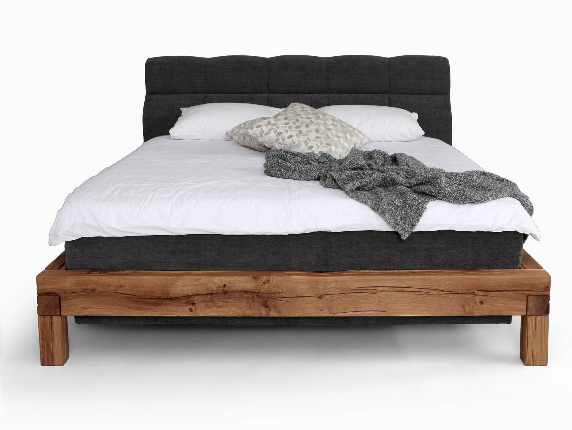 BAGIRO Balkenbett/Boxspringbett, Material Massivholz Eiche/Bezug Stoff Anthrazit 