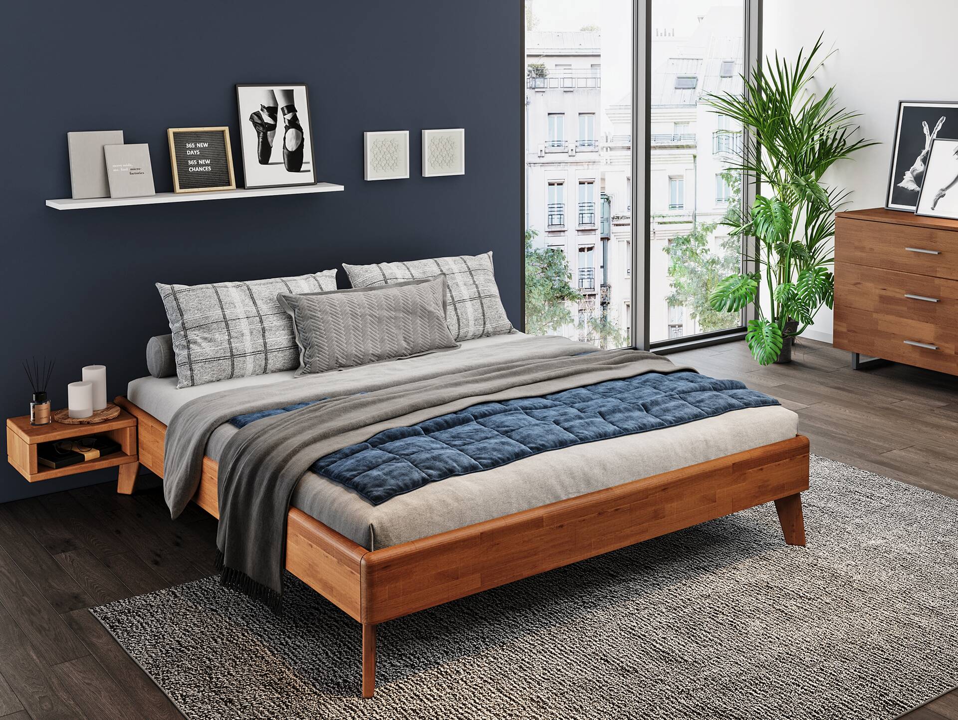 CALIDO 4-Fuß-Bett, Material Massivholz, mit/ohne Kopfteil 140 x 200 cm | Buche nussbaumfarbig gedämpft | Standardhöhe | ohne Kopfteil