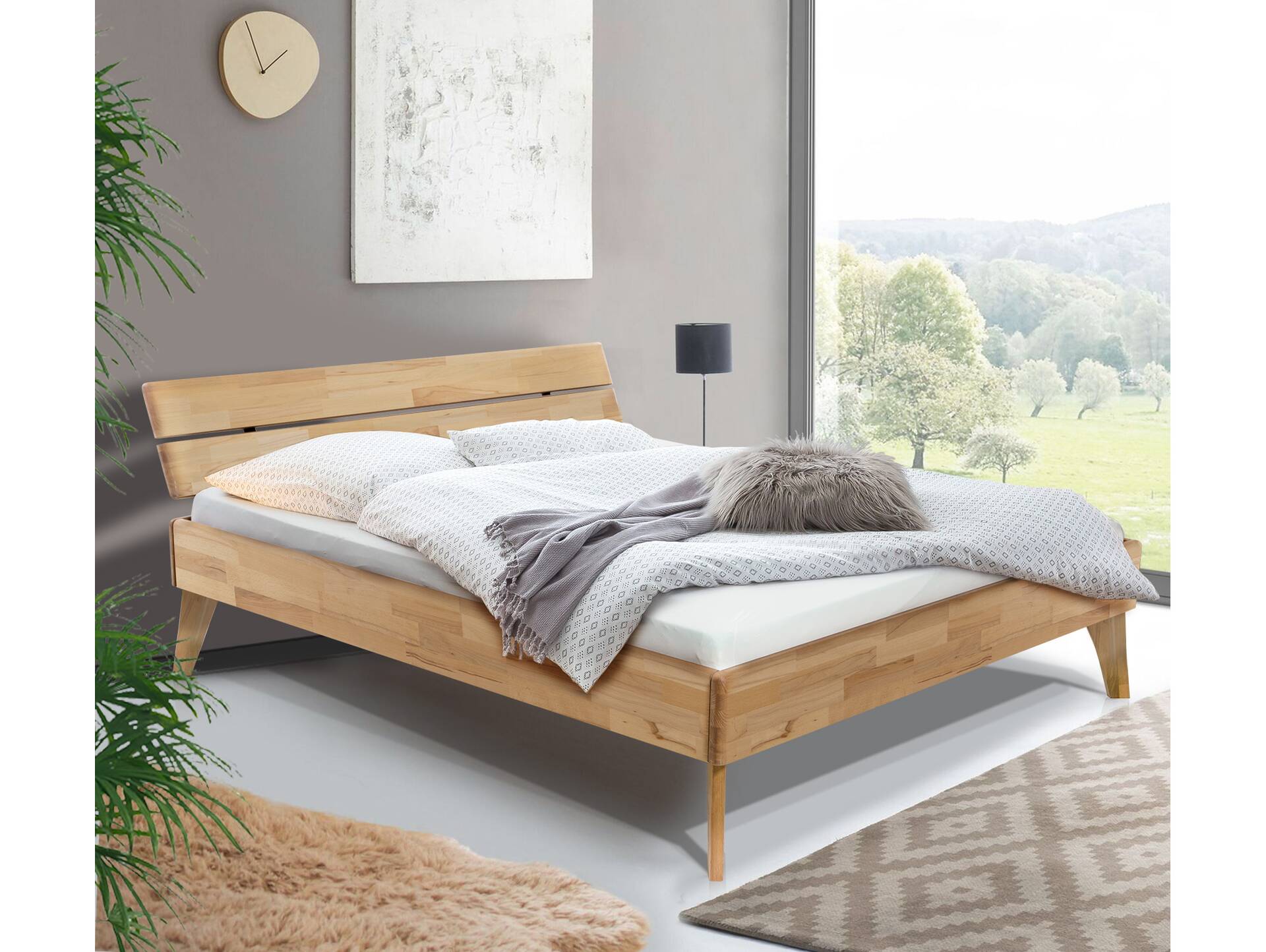 CALIDO 4-Fuß-Bett, Material Massivholz, mit/ohne Kopfteil 180 x 220 cm | Eiche geölt | Komforthöhe | mit Kopfteil