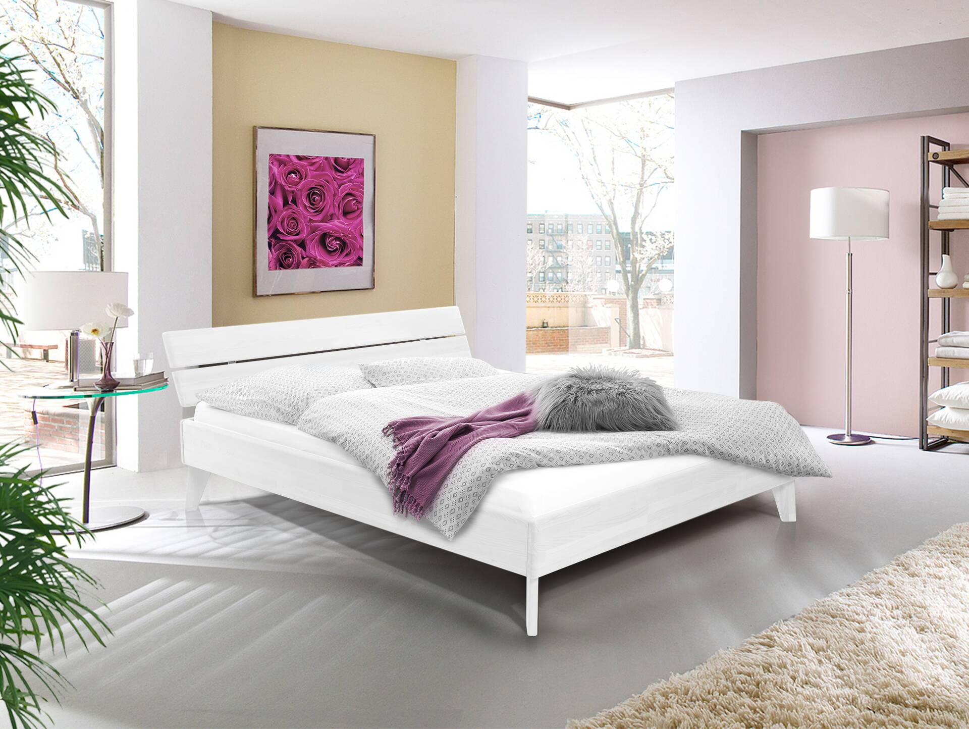 CALIDO 4-Fuß-Bett, Material Massivholz, mit/ohne Kopfteil 180 x 200 cm | Buche weiss lackiert | Standardhöhe | mit Kopfteil