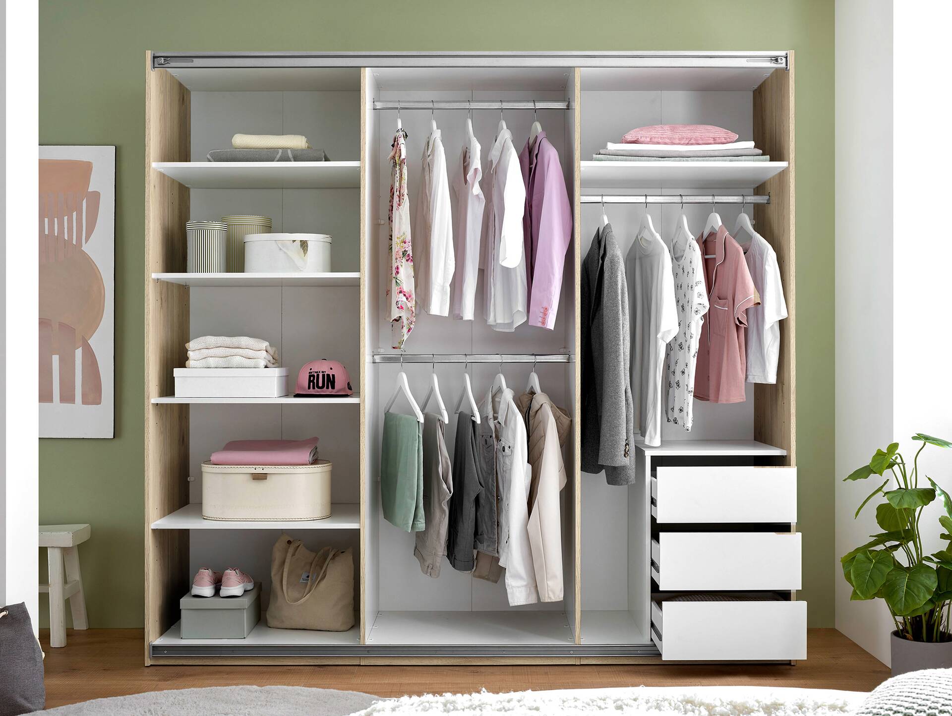 CORANO Schwebetürenschrank, Material Dekorspanplatte Mauvella Eiche Nachbildung 