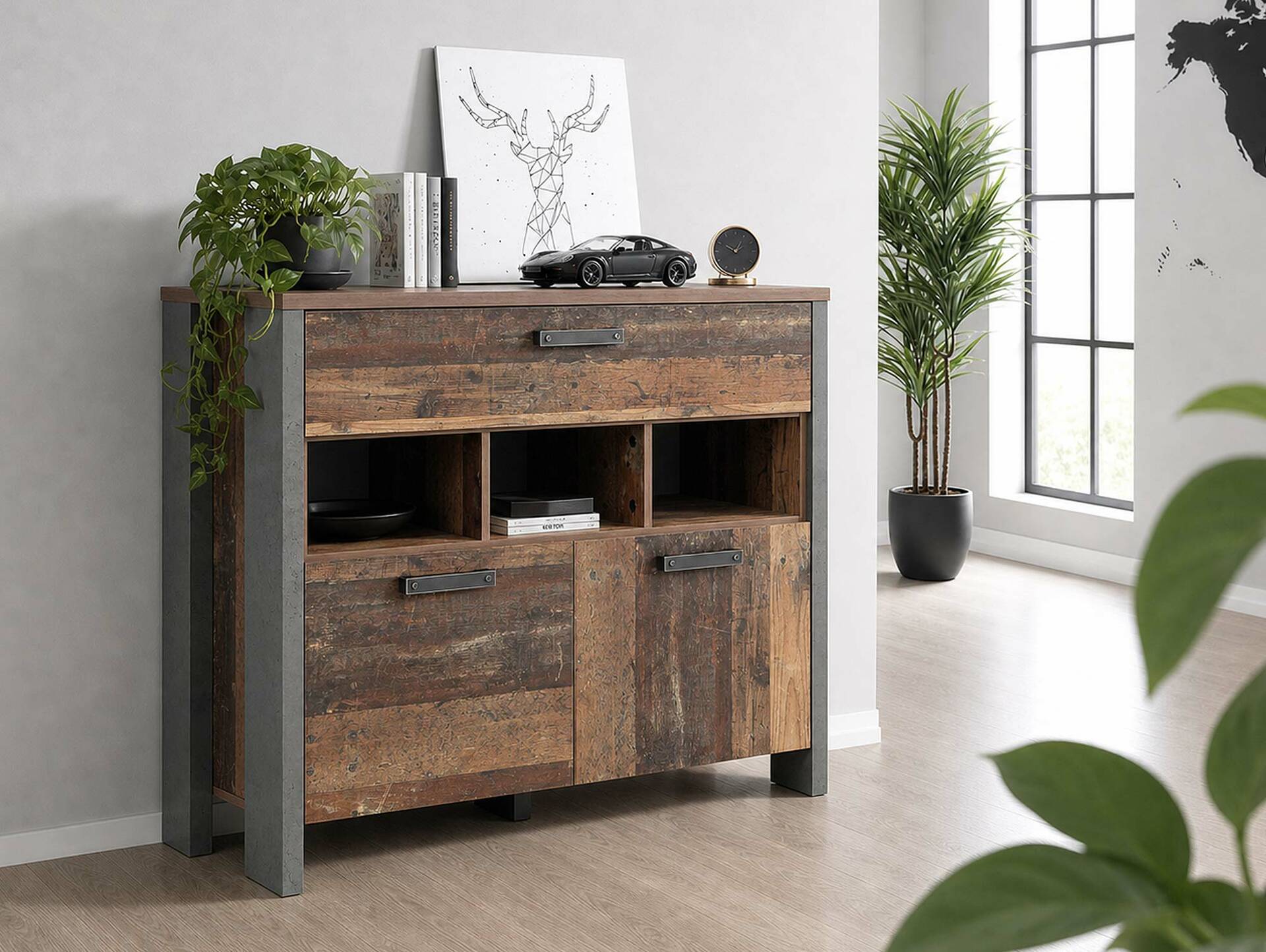 CASSIA Kommode II, Material Dekorspanplatte, Old Wood Vintage Nachbildung/betonfarbig 