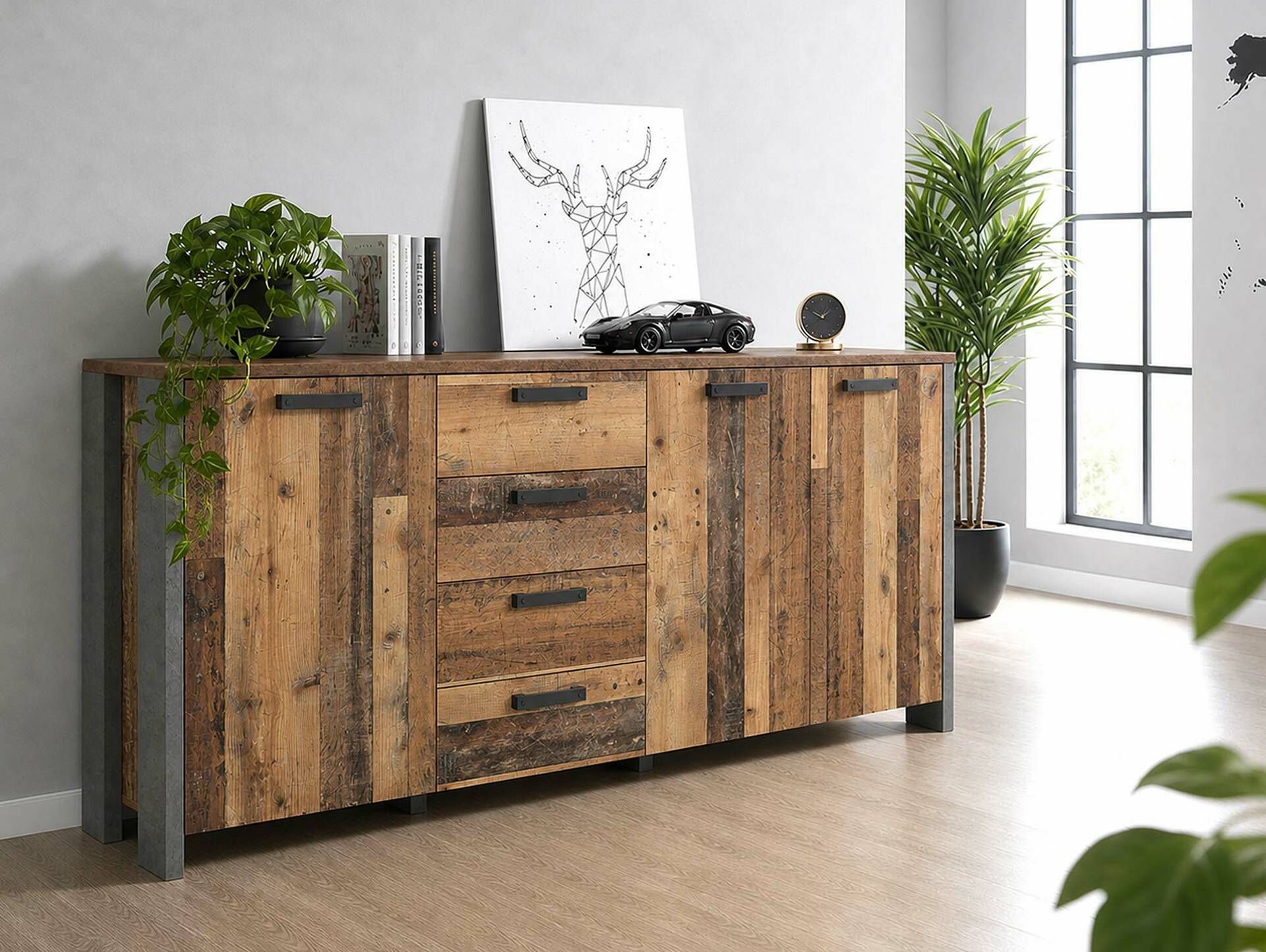 CASSIA Sideboard groß, Material Dekorspanplatte, Old Wood Vintage/betonfarbig 