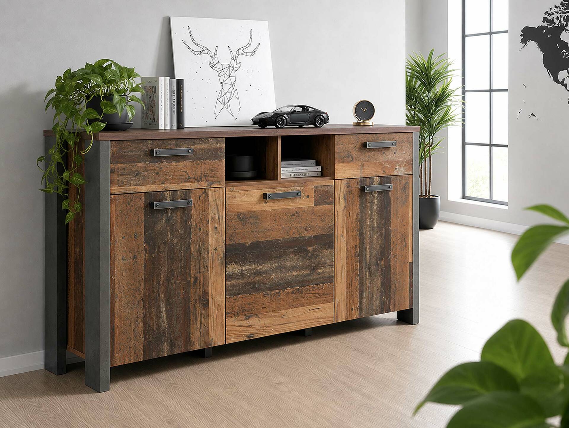 CASSIA Sideboard I, Material Dekorspanplatte, Old Wood Vintage Nachbildung/betonfarbig 