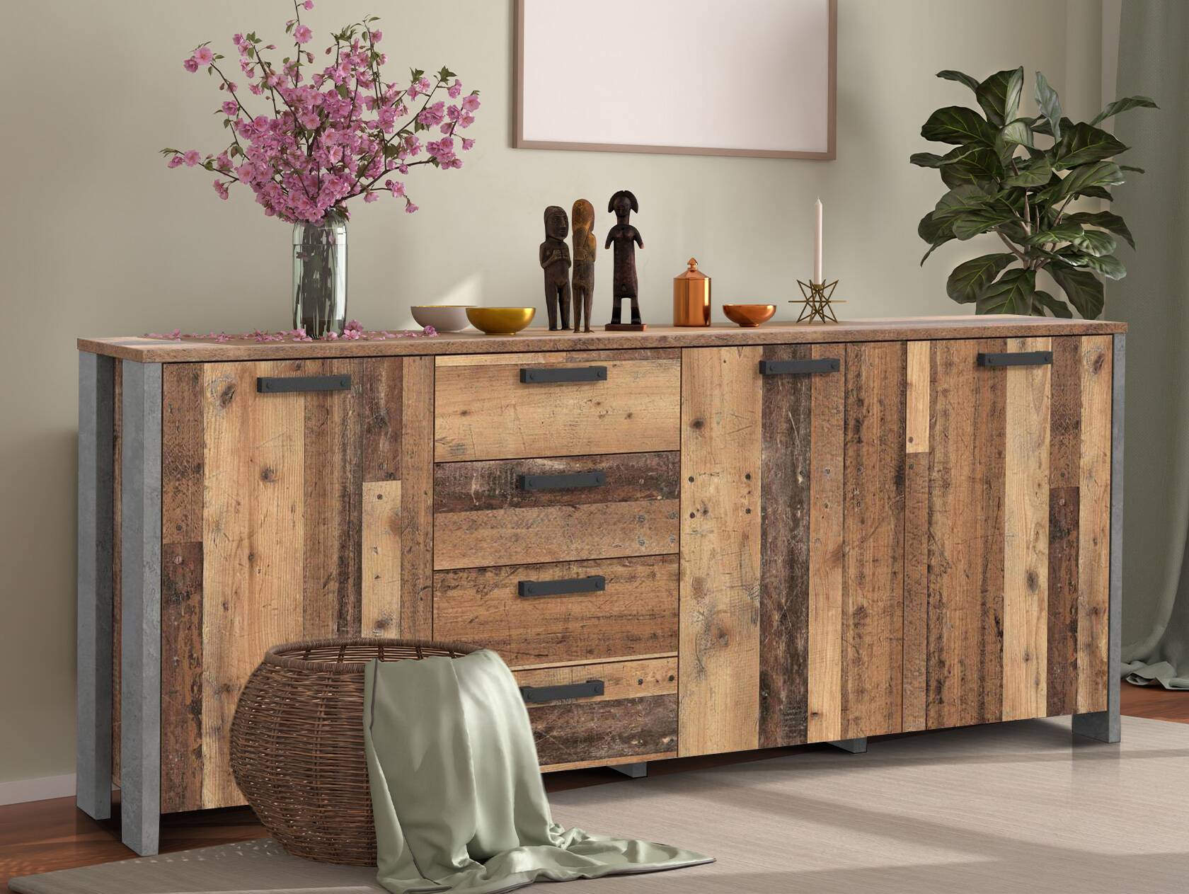 CASSIA Sideboard groß, Material Dekorspanplatte, Old Wood Vintage/betonfarbig 