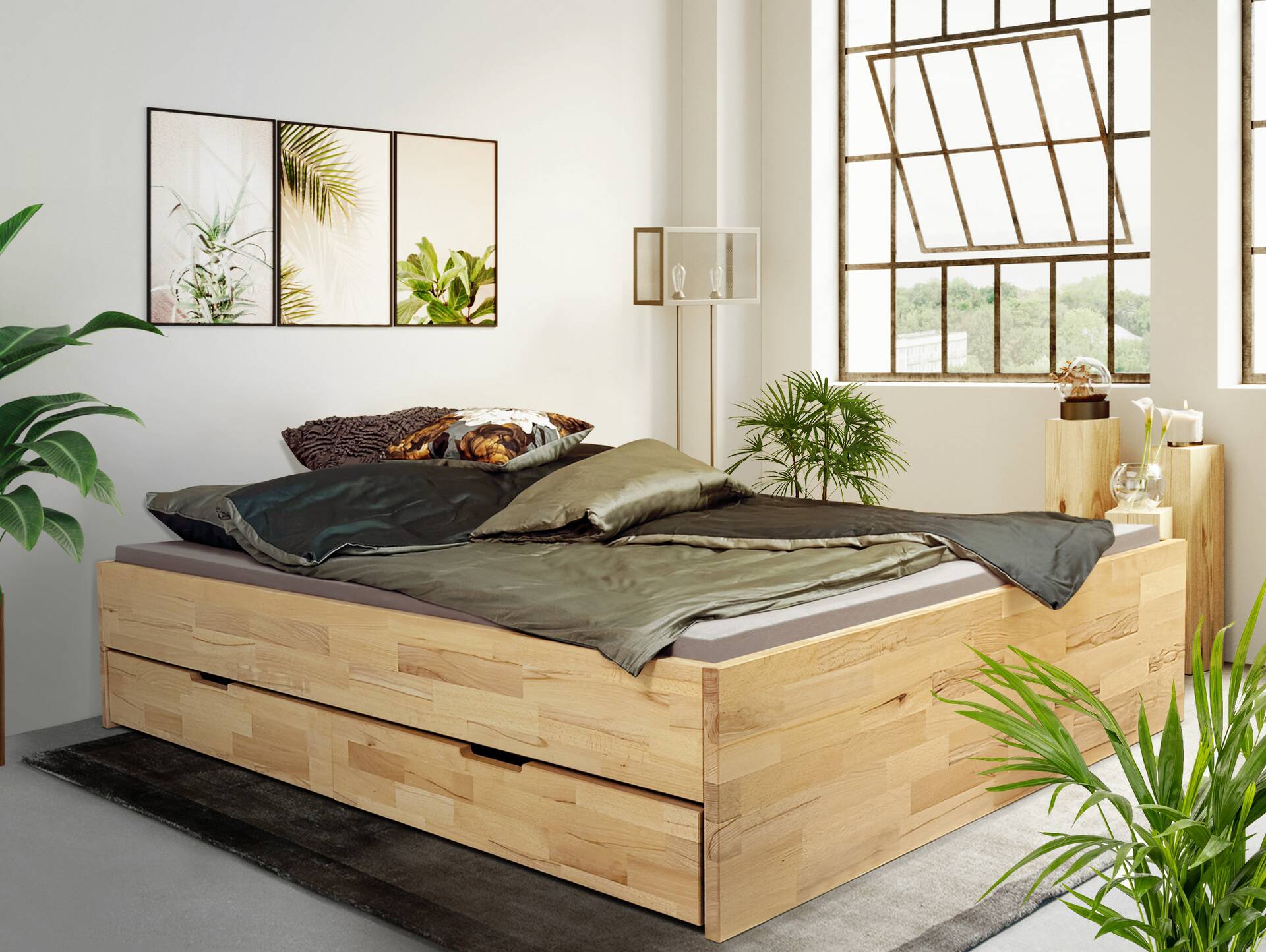 CHICO Stauraumbett ohne Kopfteil, Material Massivholz 180 x 200 cm | Buche geölt | einseitig