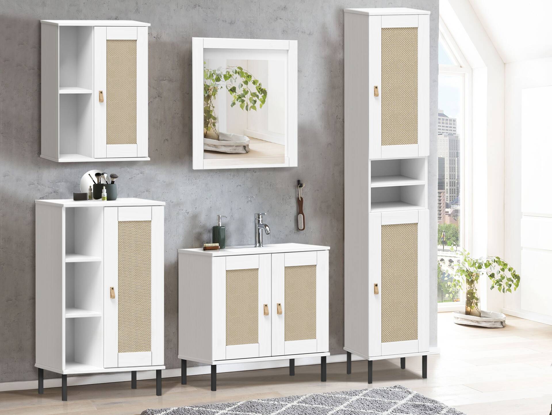 CINOY Badezimmerset, Material Massivholz, Kiefer lackiert weiss