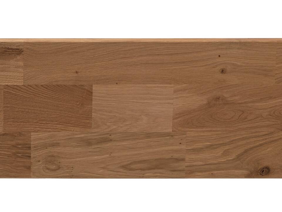 CORDINO Wangenbett aus Eiche mit Polsterkopfteil, Material Massivholz 120 x 200 cm | Eiche unbehandelt | Kunstleder Braun ohne Steppung | gebürstet