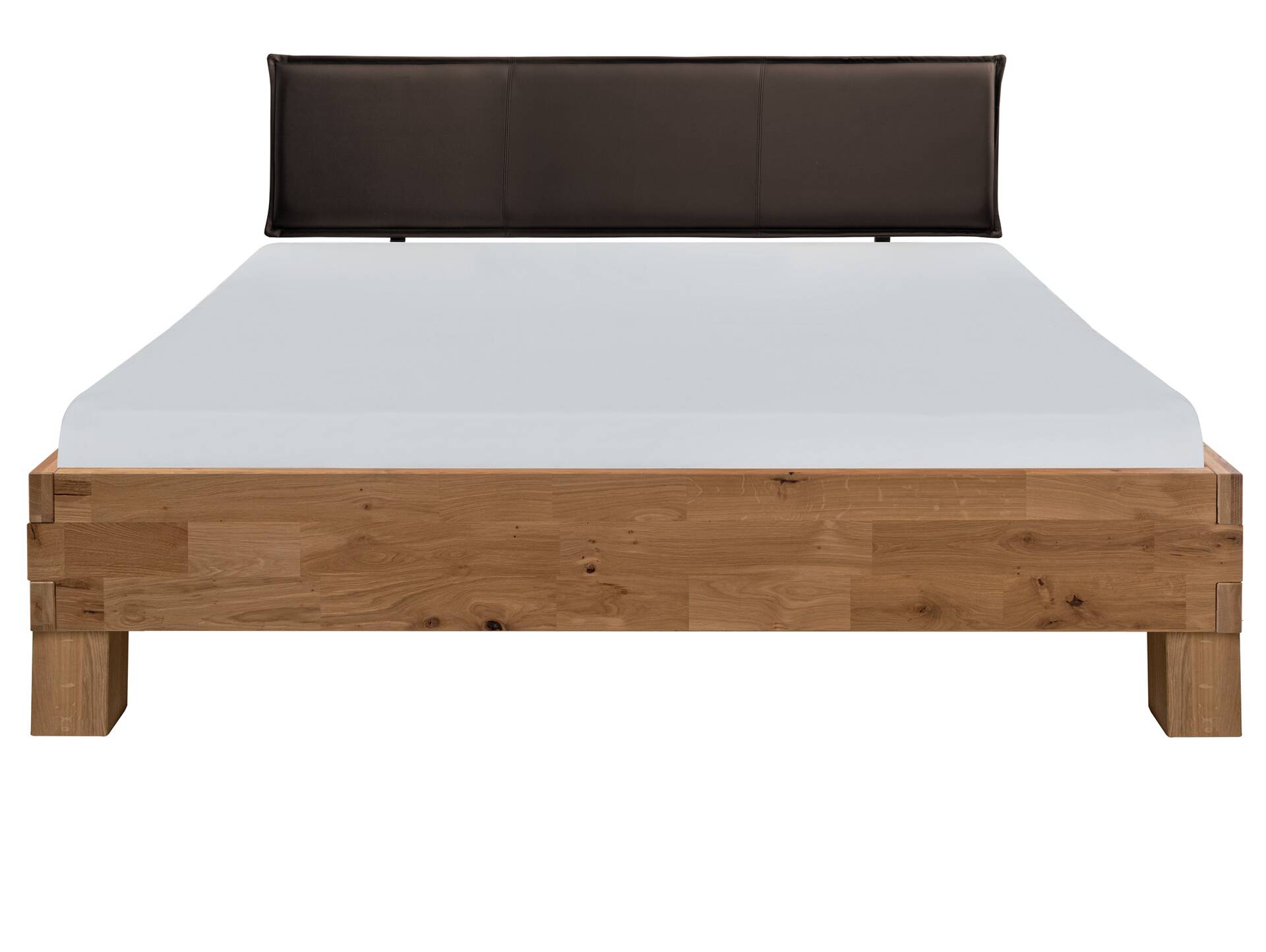 CORDINO 4-Fuß-Bett aus Eiche mit Polsterkopfteil, Material Massivholz 120 x 200 cm | Eiche unbehandelt | Kunstleder Braun ohne Steppung | gebürstet