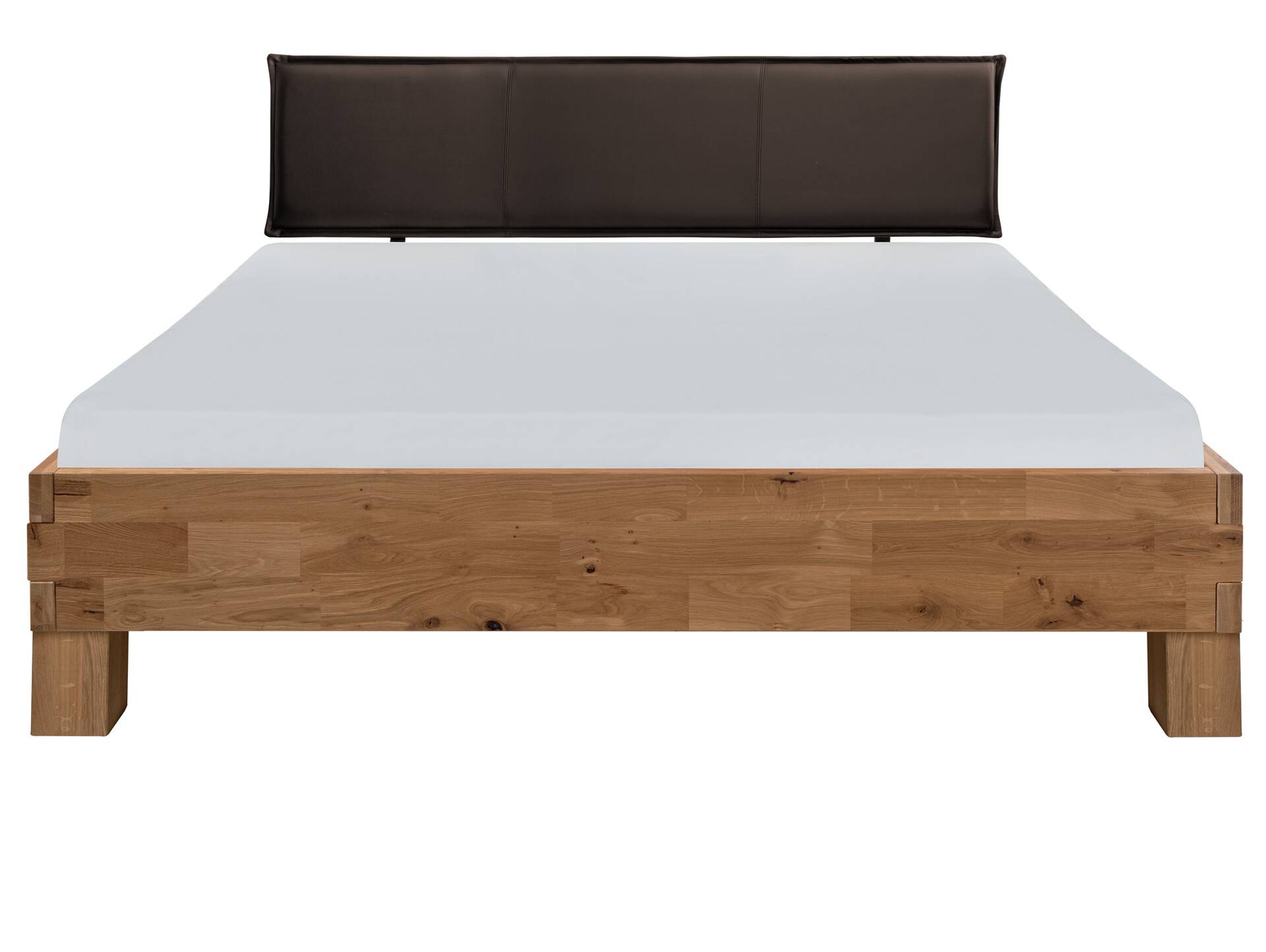 CORDINO 4-Fuß-Bett aus Eiche mit Polster-Kopfteil, Material Massivholz 200 x 220 cm | Eiche lackiert | Kunstleder Braun | gebürstet