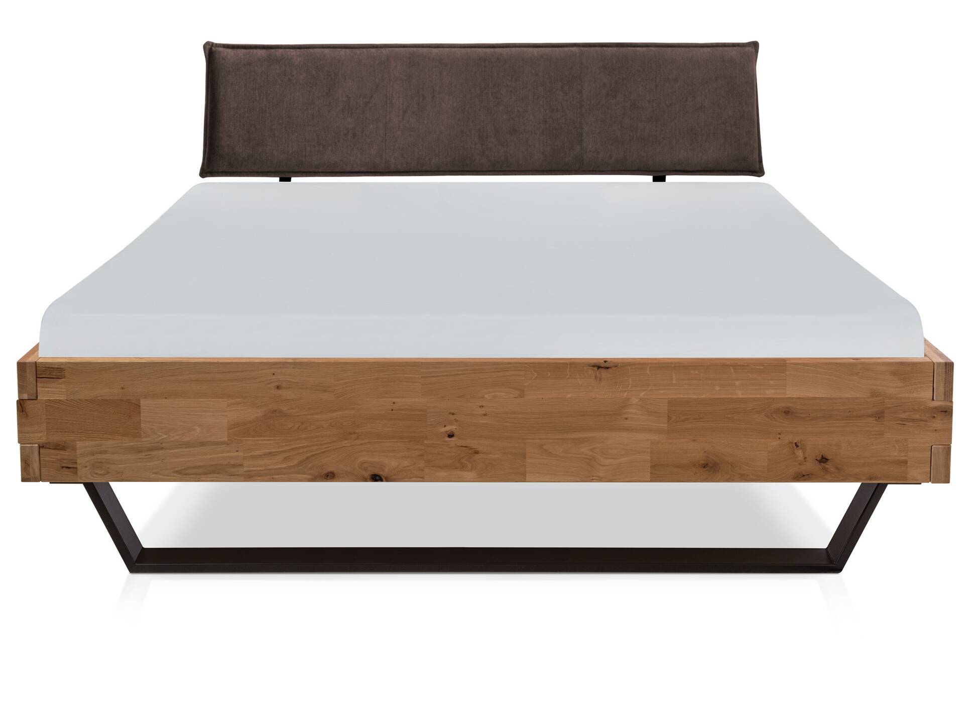 CORDINO Kufenbett aus Eiche mit Polsterkopfteil, Material Massivholz 120 x 220 cm | Eiche unbehandelt | Stoff Braun | gebürstet