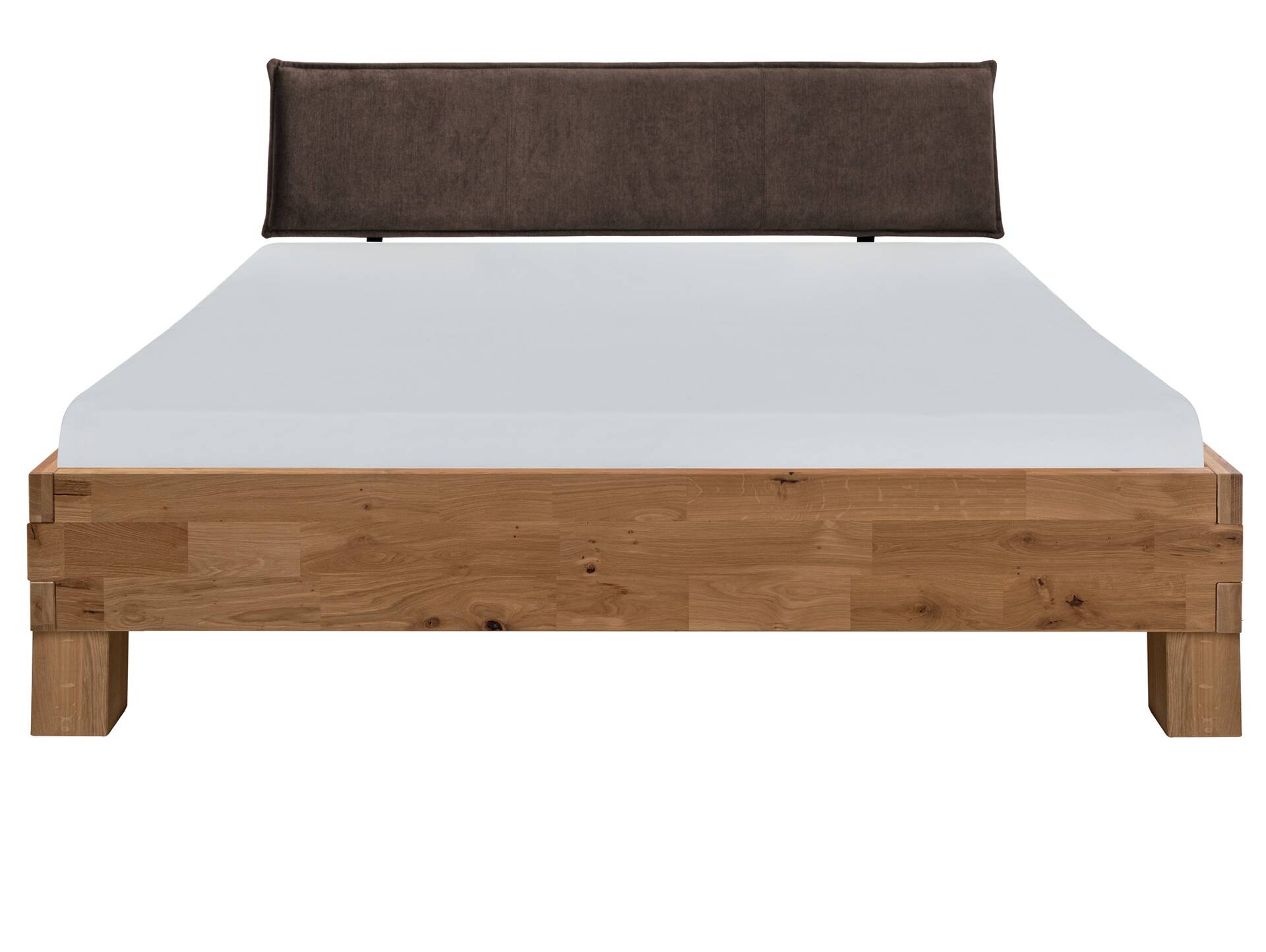 CORDINO 4-Fuß-Bett aus Eiche mit Polster-Kopfteil, Material Massivholz 90 x 200 cm | Eiche lackiert | Stoff Braun | gebürstet