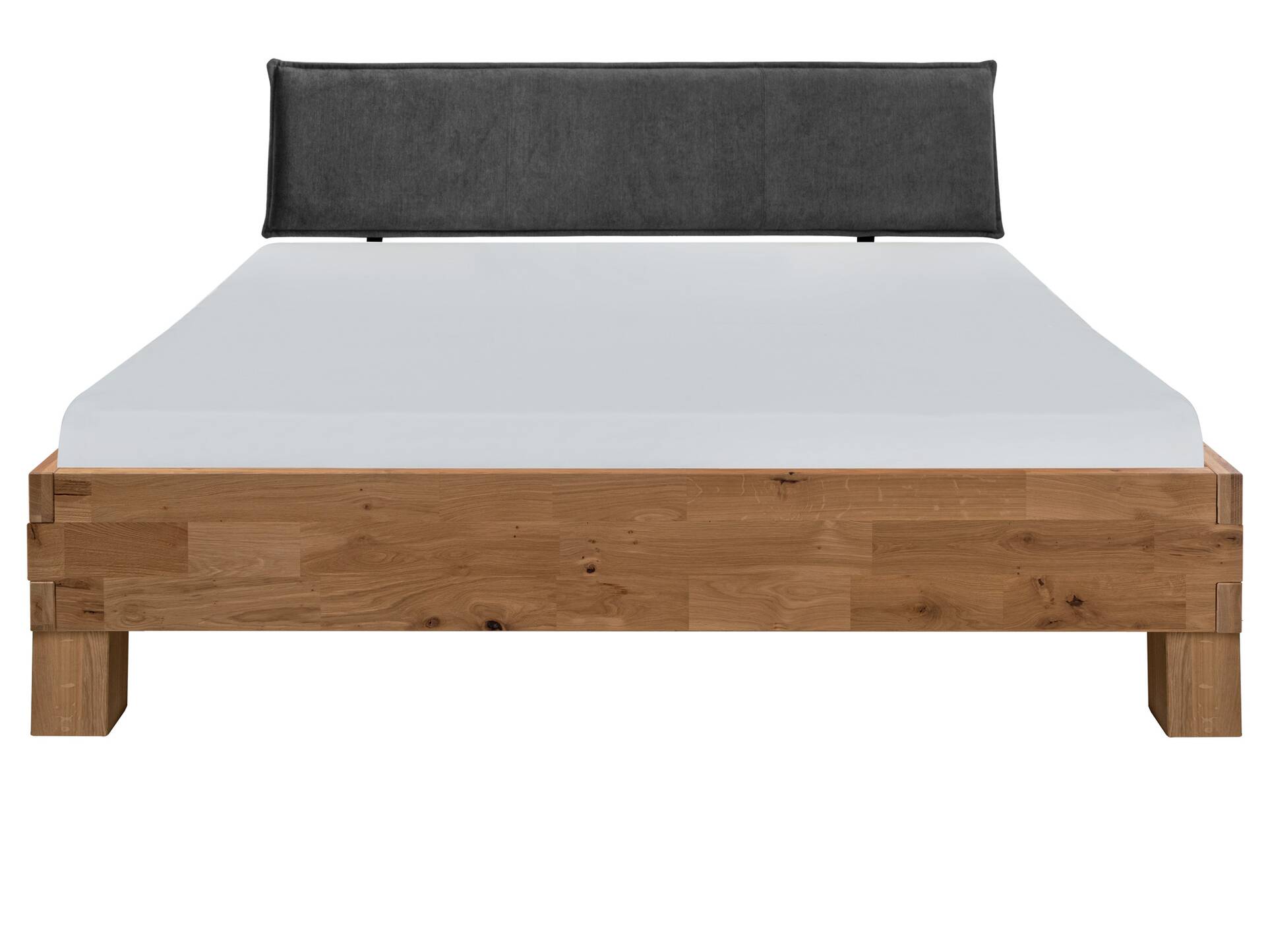 CORDINO 4-Fuß-Bett aus Eiche mit Polster-Kopfteil, Material Massivholz 120 x 220 cm | Eiche unbehandelt | Stoff Anthrazit | gebürstet