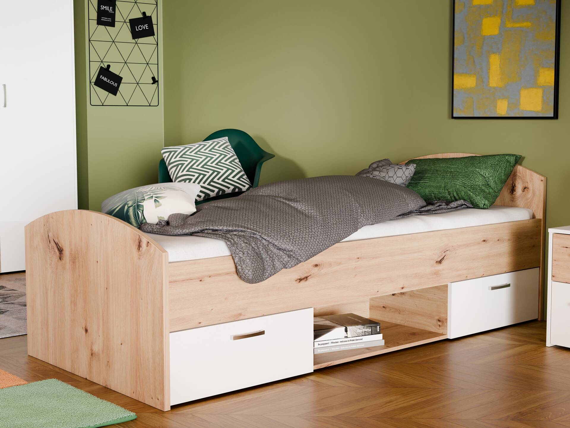 CARLITO Jugendbett / Funktionsbett  90x200 cm, Material Dekorspanplatte, Artisan eichefarbig/weiss 
