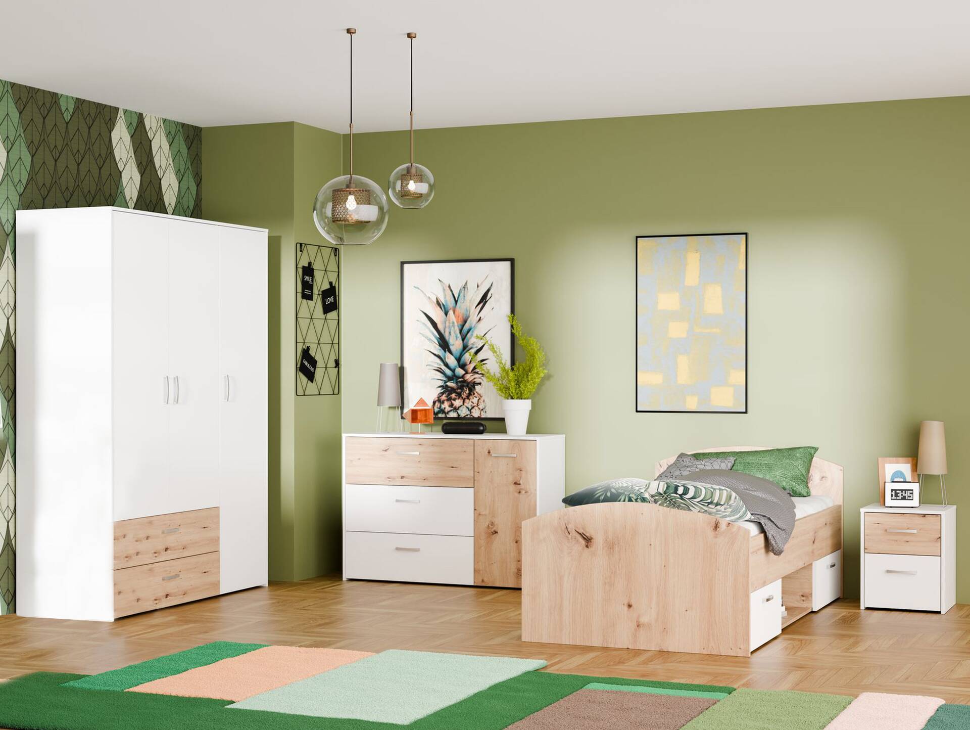 CARLITO 4-teiliges Jugendzimmer, Material Dekorspanplatte, Artisan eichefarbig/weiss 