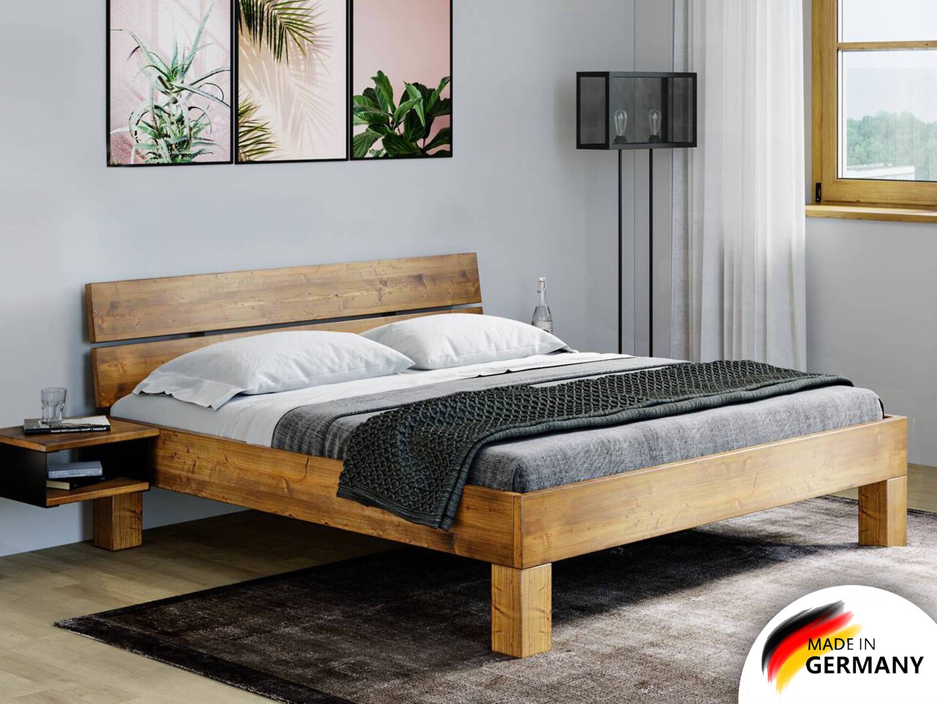 CURBY 4-Fuß-Bett mit Kopfteil, Material Massivholz, rustikale Altholzoptik, Fichte 90 x 200 cm | vintage | Standardhöhe