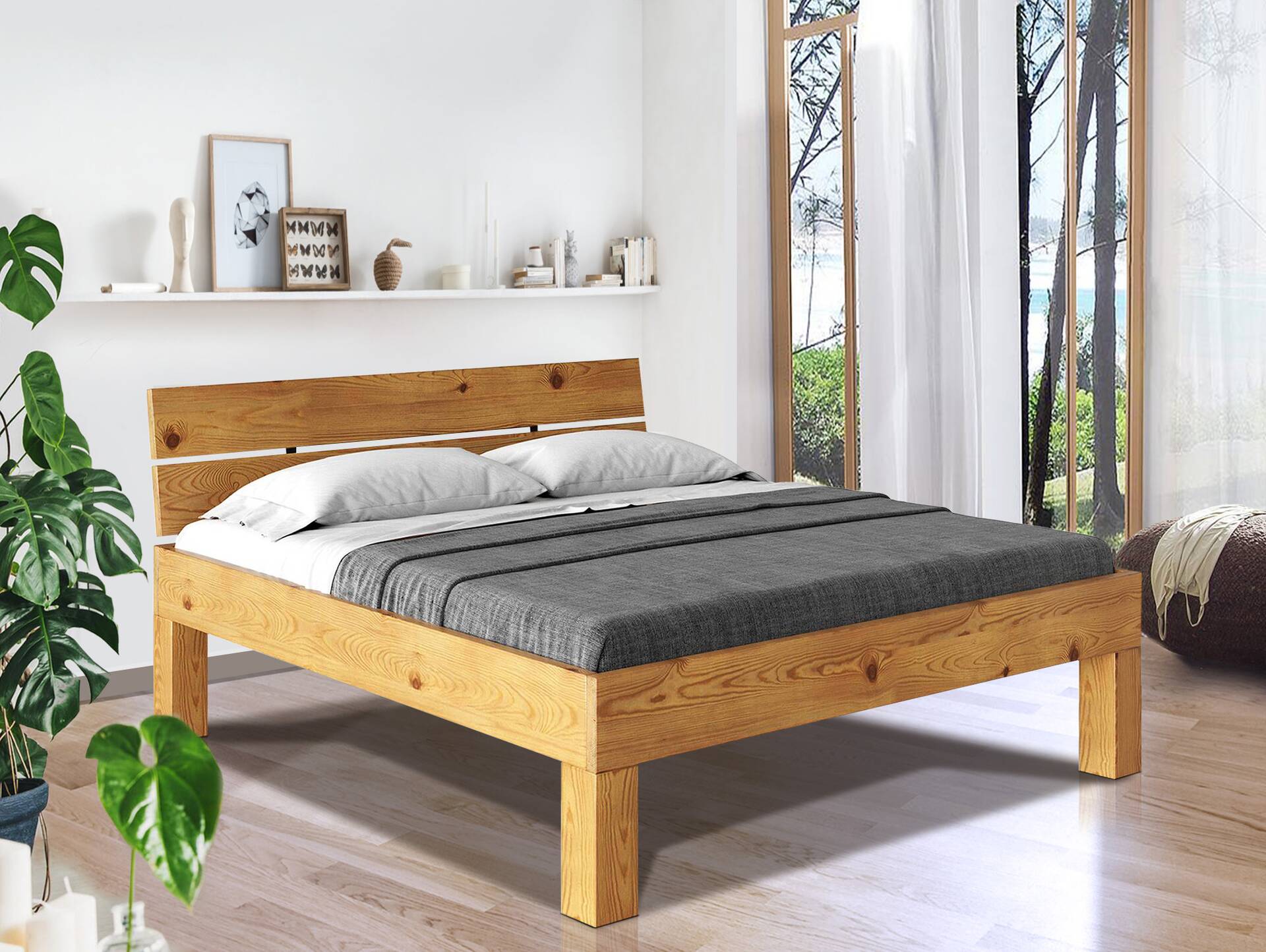 CURBY 4-Fuß-Bett mit Kopfteil, Material Massivholz, rustikale Altholzoptik, Fichte 200 x 200 cm | natur | Komforthöhe