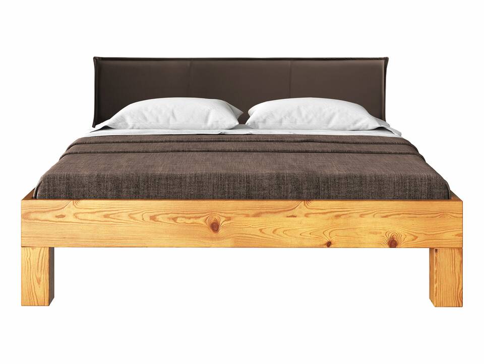 CURBY 4-Fuß-Bett mit Polsterkopfteil, Material Massivholz, rustikale Altholzoptik, Fichte 140 x 220 cm | natur | Kunstleder Braun ohne Steppung | Standardhöhe
