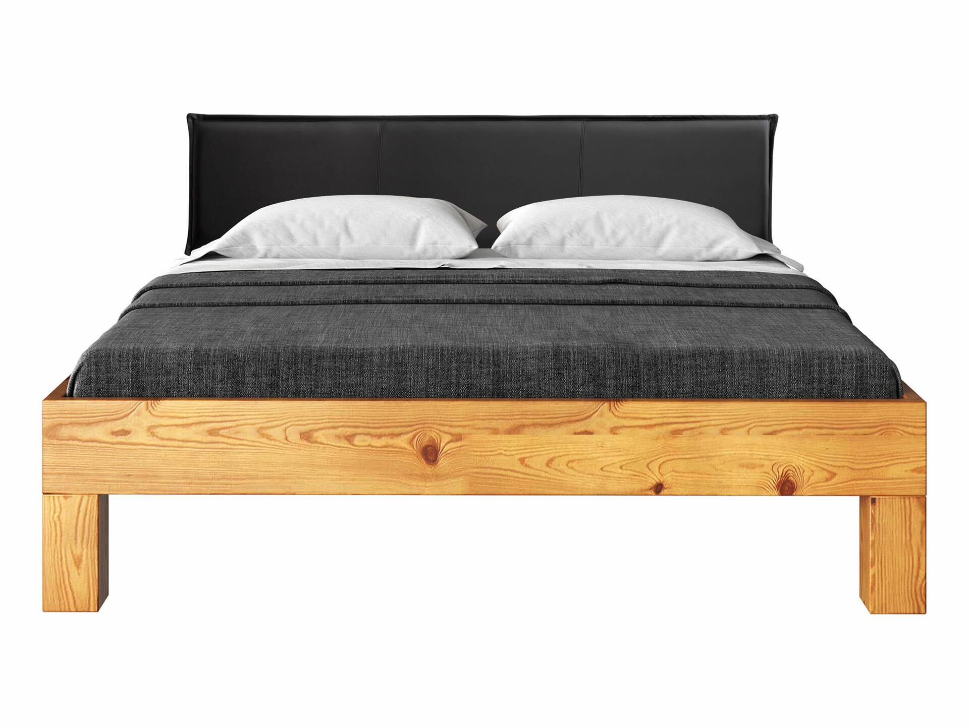 CURBY 4-Fuß-Bett mit Polsterkopfteil, Material Massivholz, rustikale Altholzoptik, Fichte 140 x 200 cm | natur | Kunstleder Schwarz ohne Steppung | Standardhöhe