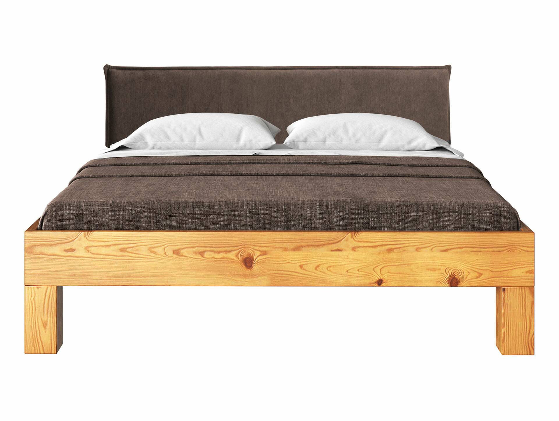 CURBY 4-Fuß-Bett mit Polster-Kopfteil, Material Massivholz, rustikale Altholzoptik, Fichte 160 x 200 cm | natur | Stoff Braun ohne Steppung | Standardhöhe