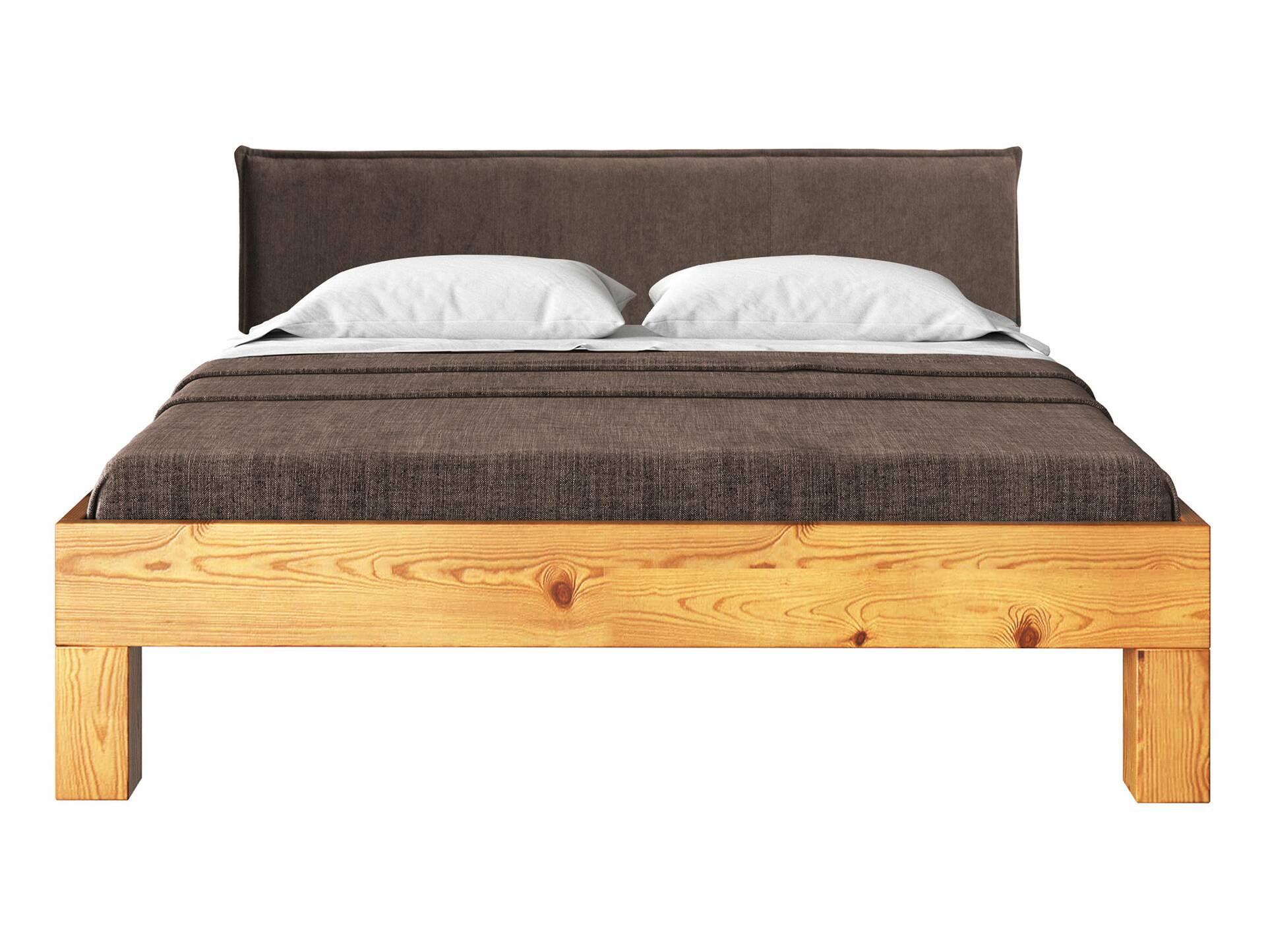 CURBY 4-Fuß-Bett mit Polster-Kopfteil, Material Massivholz, rustikale Altholzoptik, Fichte 90 x 200 cm | natur | Stoff Braun ohne Steppung | Standardhöhe