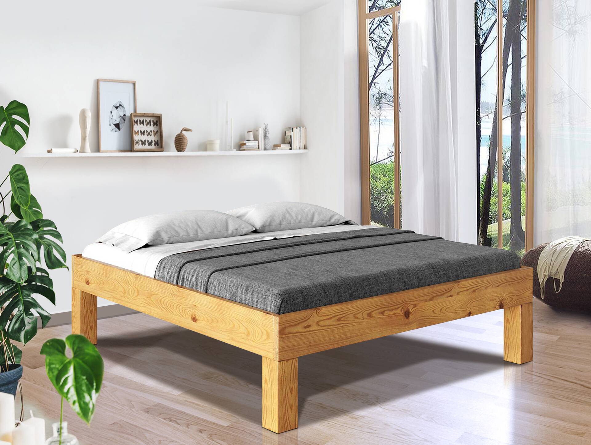 CURBY 4-Fuß-Bett ohne Kopfteil, Material Massivholz, rustikale Altholzoptik, Fichte 140 x 200 cm | natur | Komforthöhe