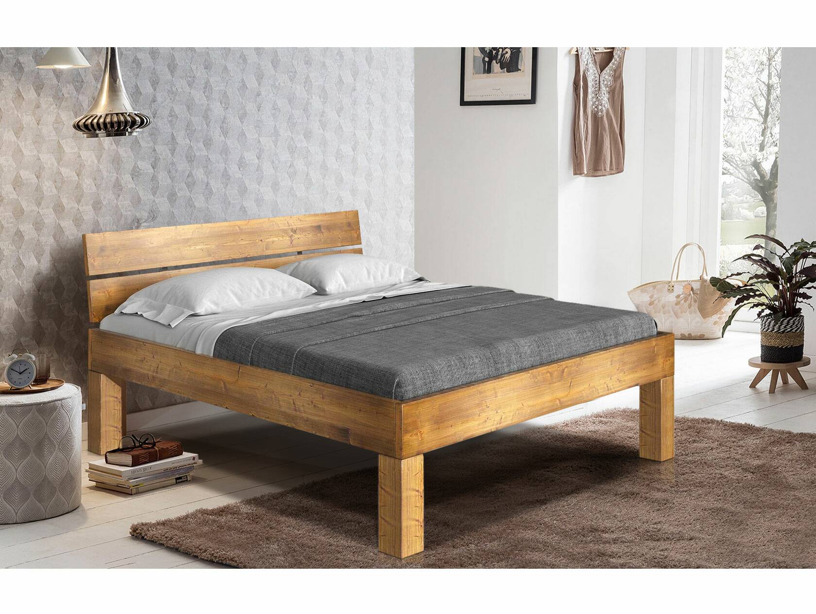 CURBY 4-Fuß-Bett mit Kopfteil, Material Massivholz, rustikale Altholzoptik, Fichte 90 x 200 cm | vintage | Komforthöhe