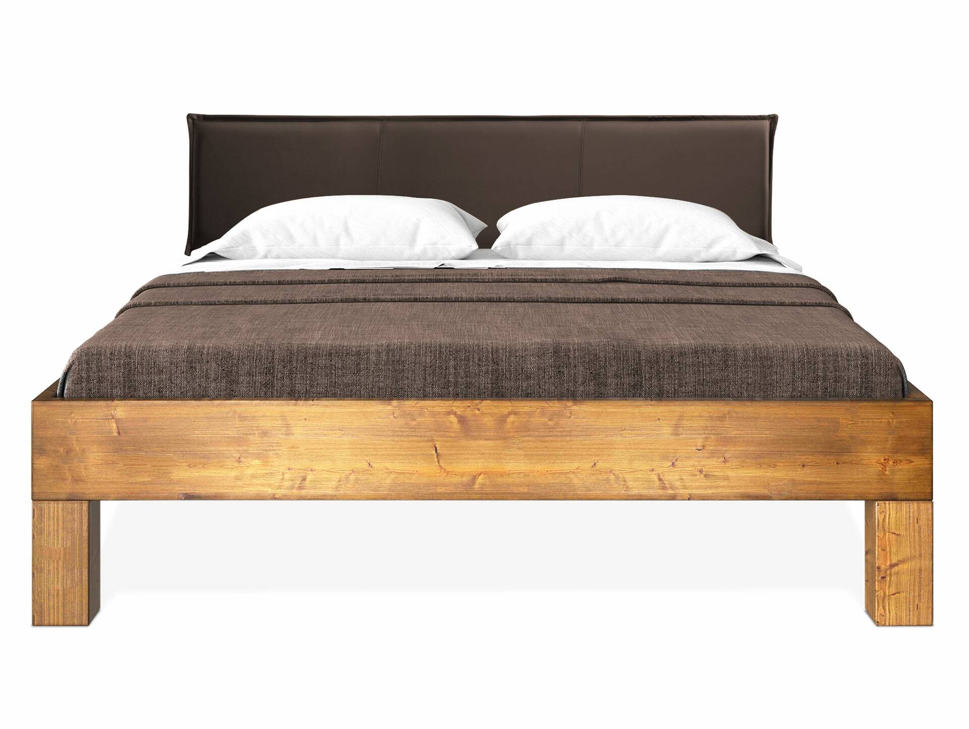 CURBY 4-Fuß-Bett mit Polsterkopfteil, Material Massivholz, rustikale Altholzoptik, Fichte 140 x 200 cm | vintage | Kunstleder Braun ohne Steppung | Standardhöhe