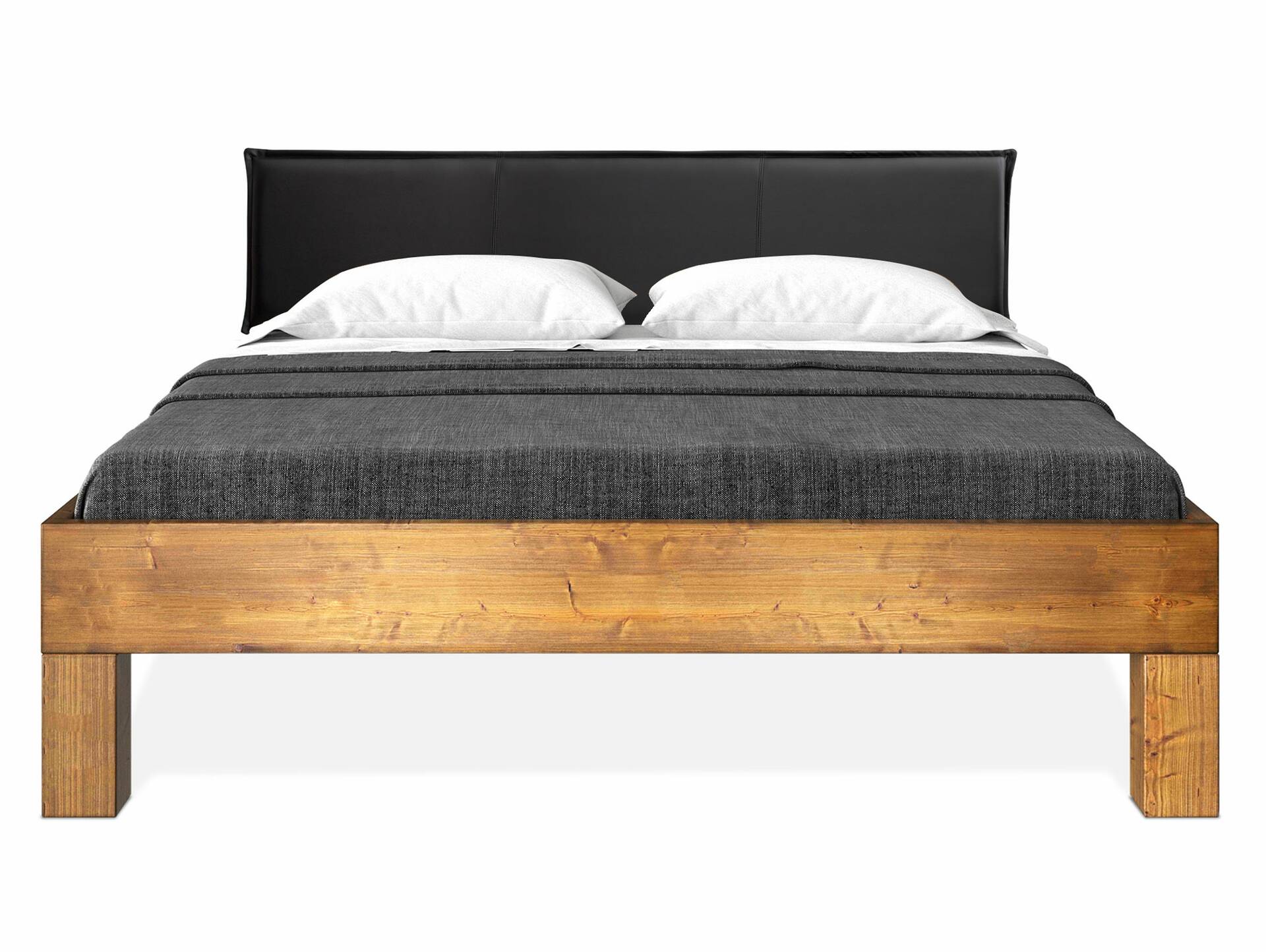 CURBY 4-Fuß-Bett mit Polsterkopfteil, Material Massivholz, rustikale Altholzoptik, Fichte 140 x 200 cm | vintage | Kunstleder Schwarz ohne Steppung | Standardhöhe