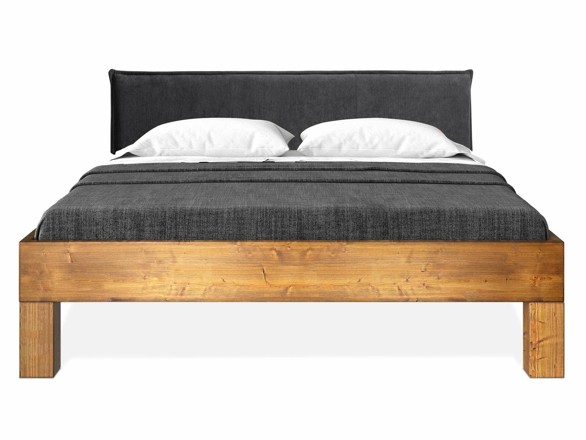 CURBY 4-Fuß-Bett mit Polsterkopfteil, Material Massivholz, rustikale Altholzoptik, Fichte 140 x 200 cm | vintage | Stoff Anthrazit ohne Steppung | Standardhöhe