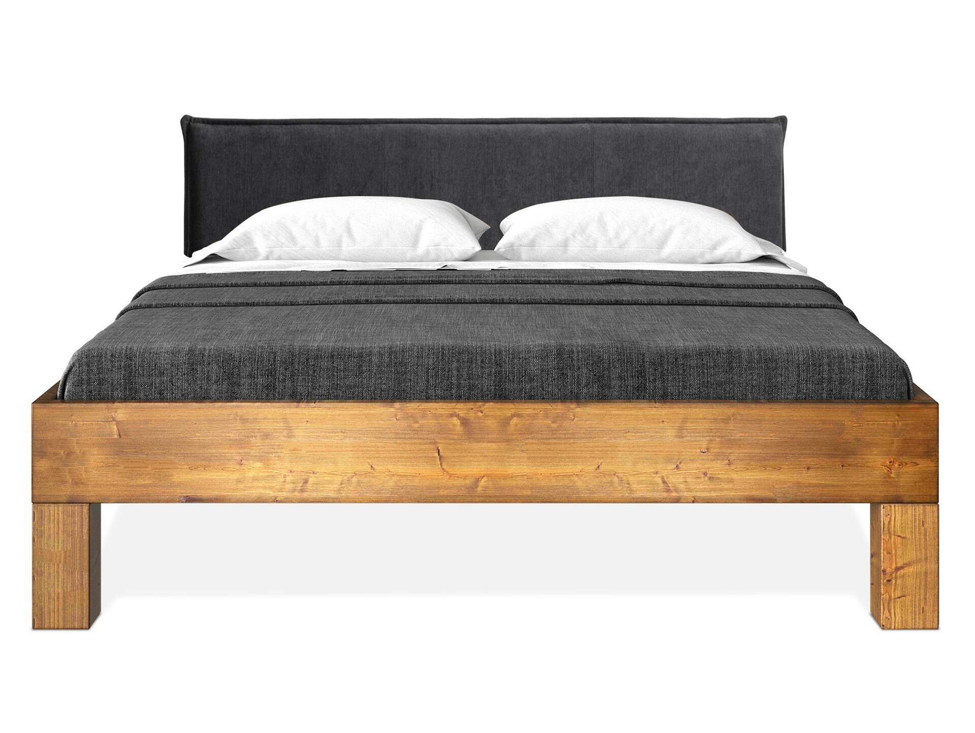 CURBY 4-Fuß-Bett mit Polster-Kopfteil, Material Massivholz, rustikale Altholzoptik, Fichte 90 x 200 cm | vintage | Stoff Anthrazit ohne Steppung | Standardhöhe