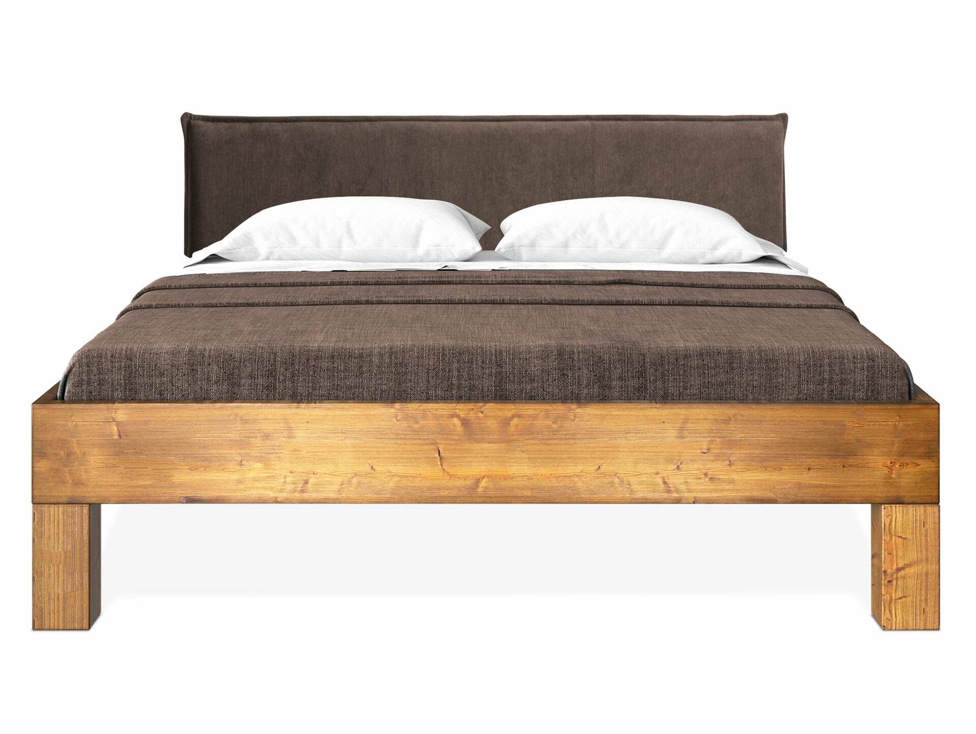 CURBY 4-Fuß-Bett mit Polsterkopfteil, Material Massivholz, rustikale Altholzoptik, Fichte 140 x 200 cm | vintage | Stoff Braun ohne Steppung | Standardhöhe