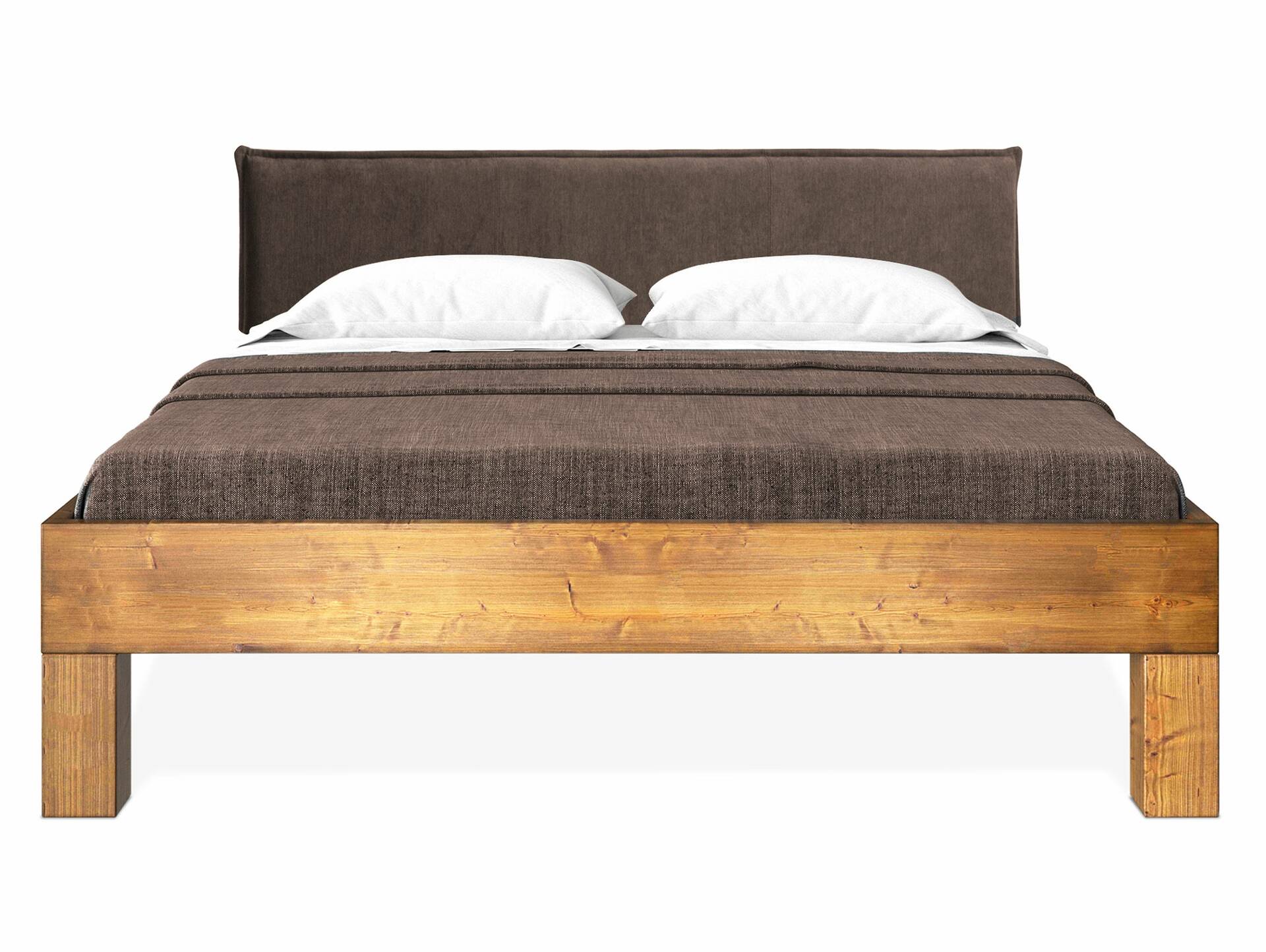 CURBY 4-Fuß-Bett mit Polster-Kopfteil, Material Massivholz, rustikale Altholzoptik, Fichte 90 x 200 cm | vintage | Stoff Braun ohne Steppung | Standardhöhe