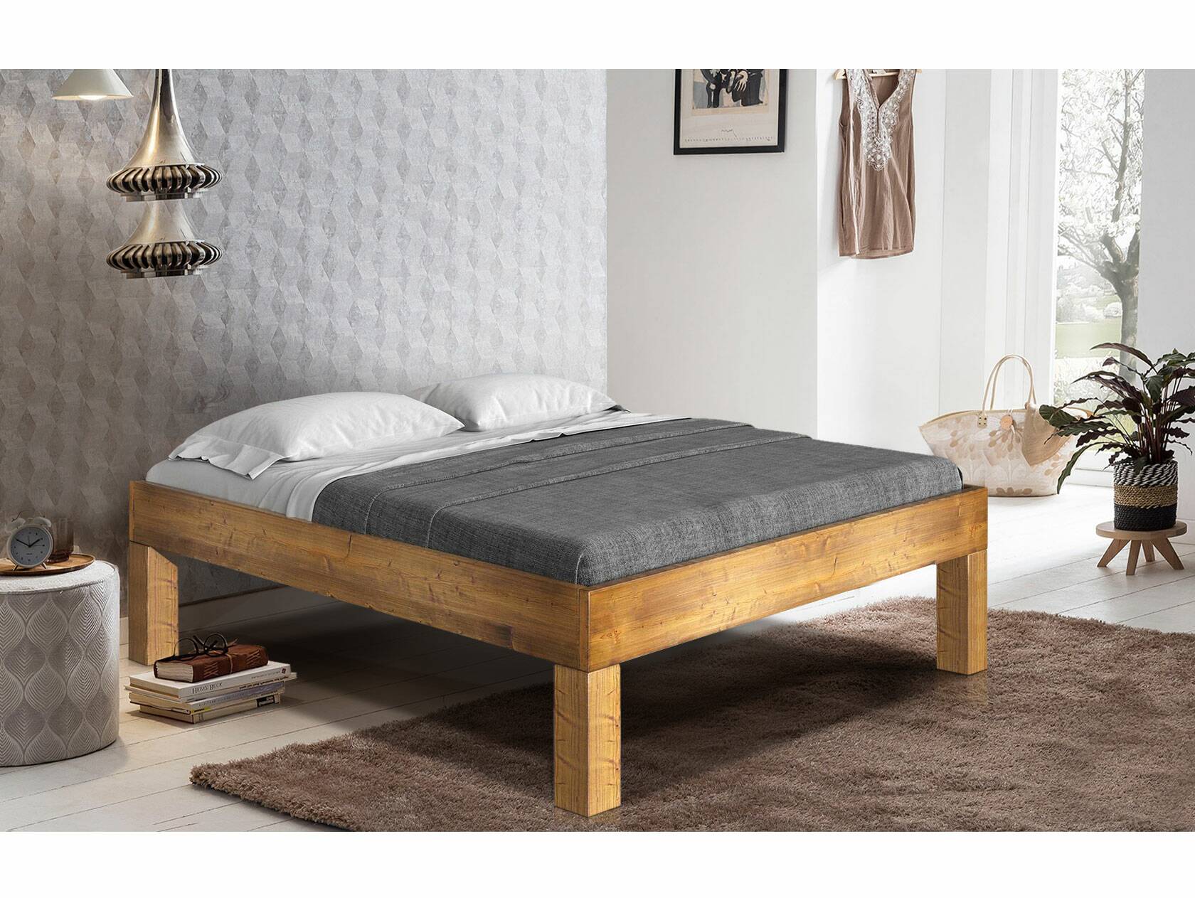 CURBY 4-Fuß-Bett ohne Kopfteil, Material Massivholz, rustikale Altholzoptik, Fichte 180 x 200 cm | vintage | Komforthöhe